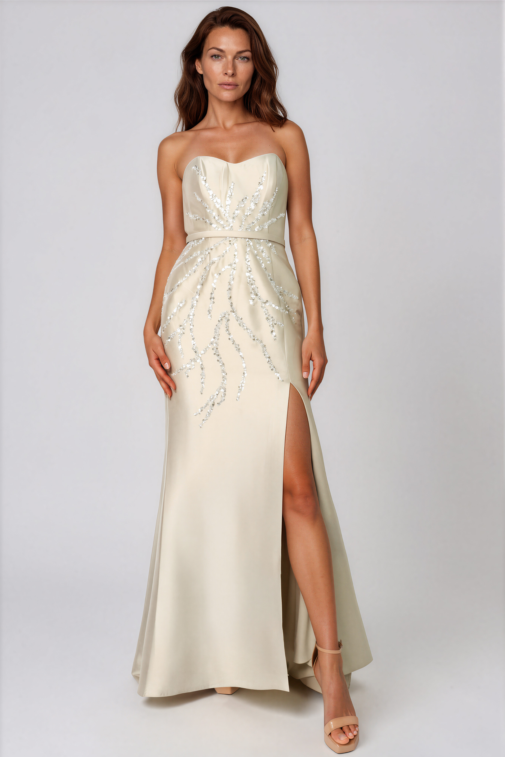 Strapless Metallic Bead Embellished Gown Gown Rene Ruiz Collection 2 Champagne