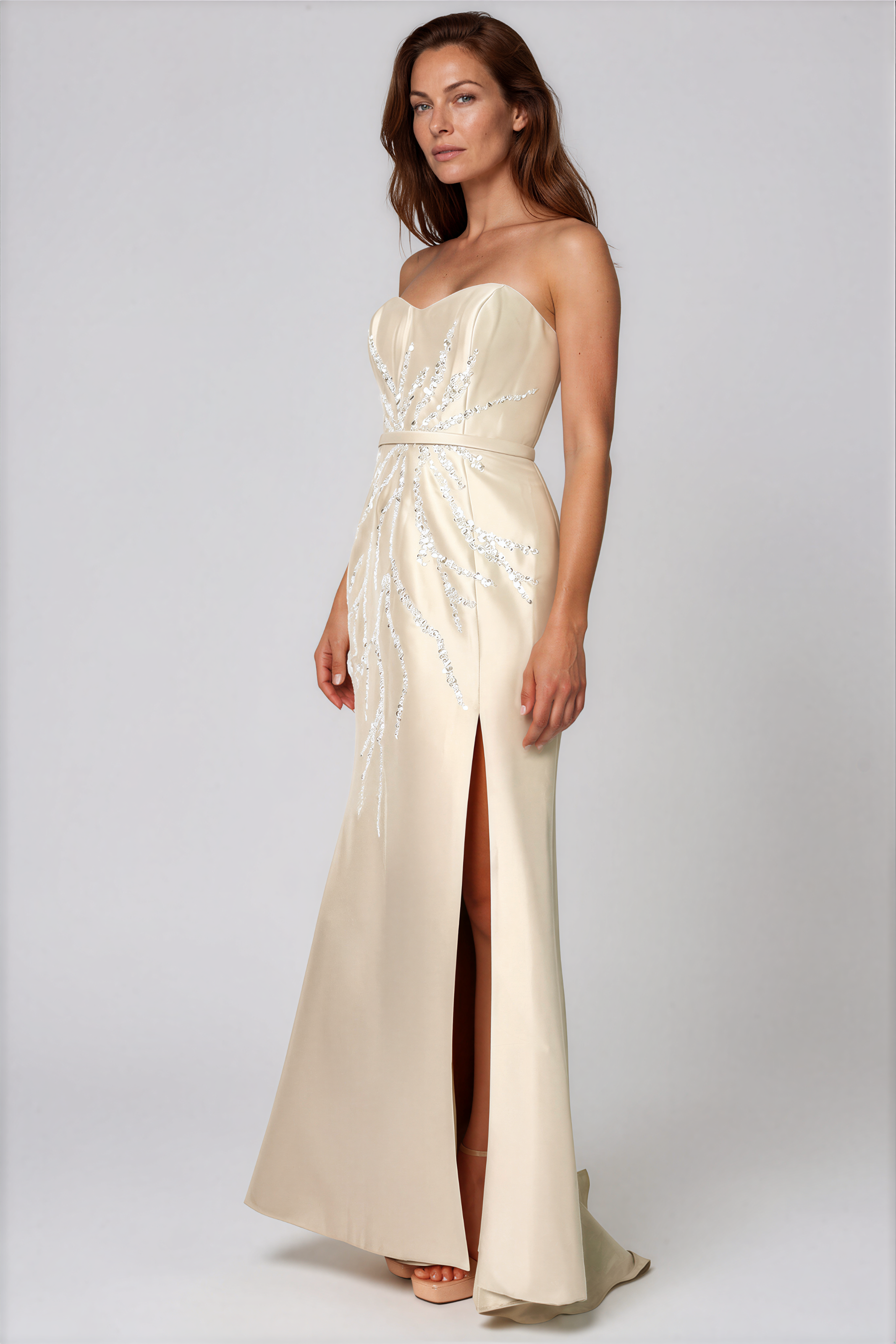 Strapless Metallic Bead Embellished Gown Gown Rene Ruiz Collection