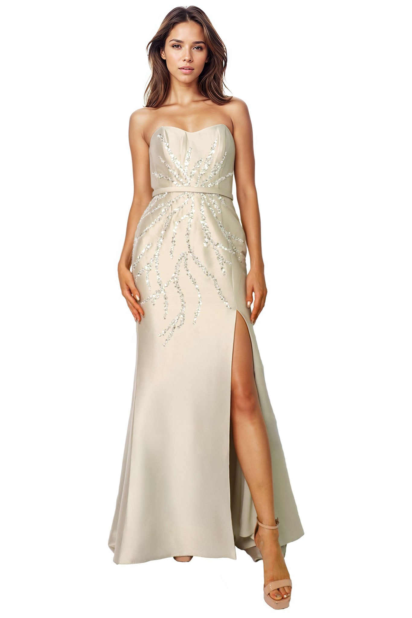 Strapless Metallic Bead Embellished Gown Champagne 