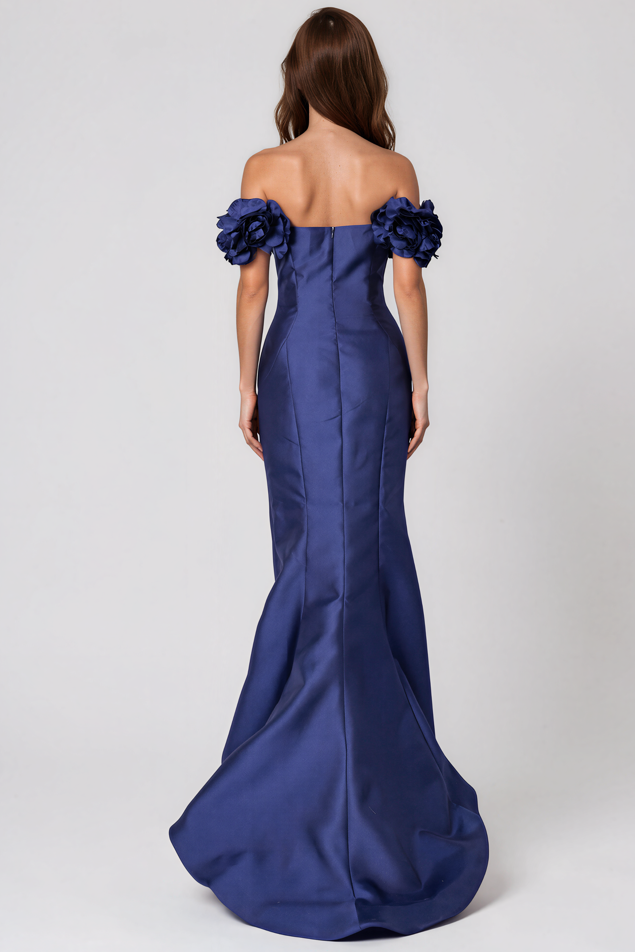 Off The Shoulder Mikado Floral Sleeves Fit And Flare Gown Gown Rene Ruiz Collection