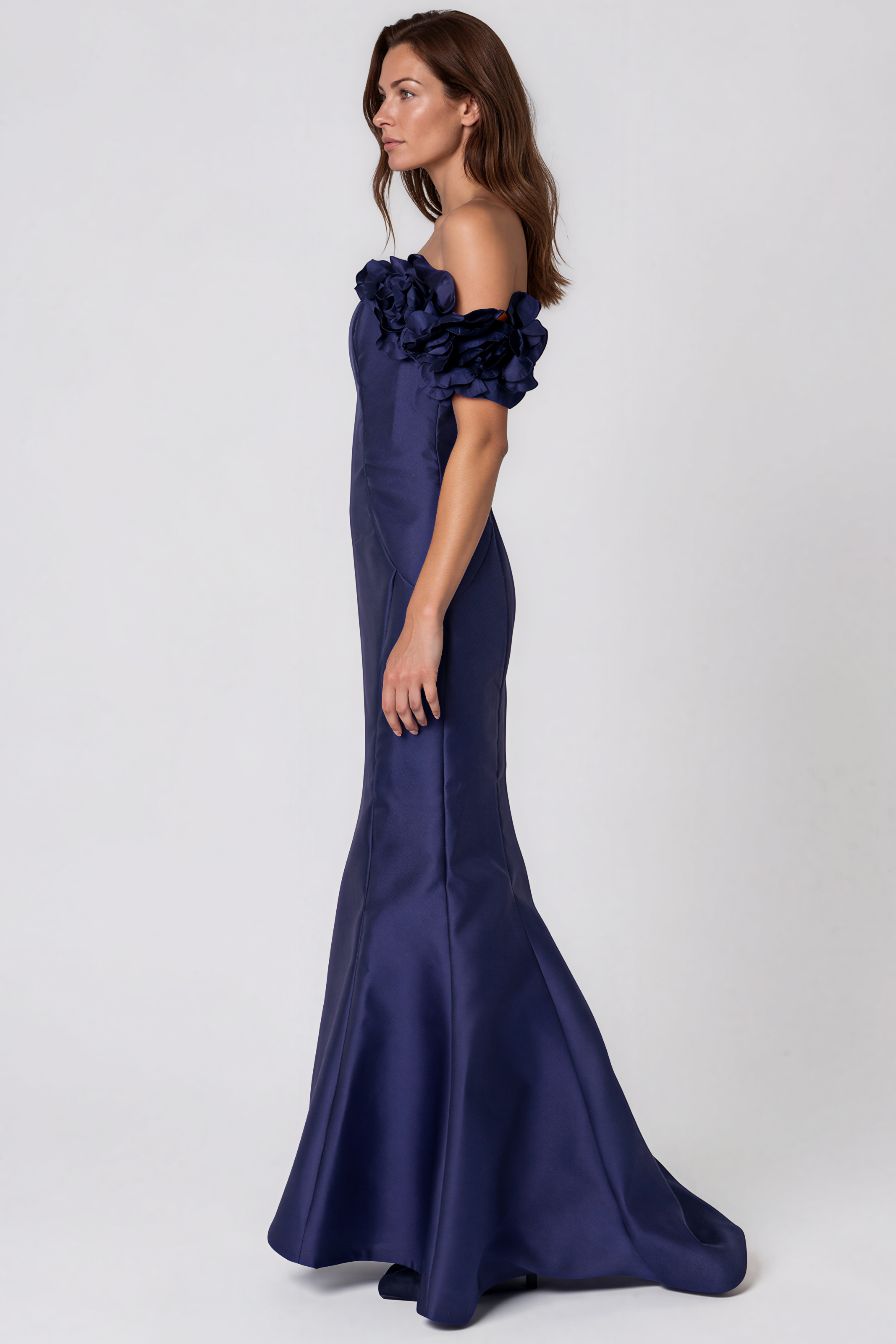 Off The Shoulder Mikado Floral Sleeves Fit And Flare Gown Gown Rene Ruiz Collection