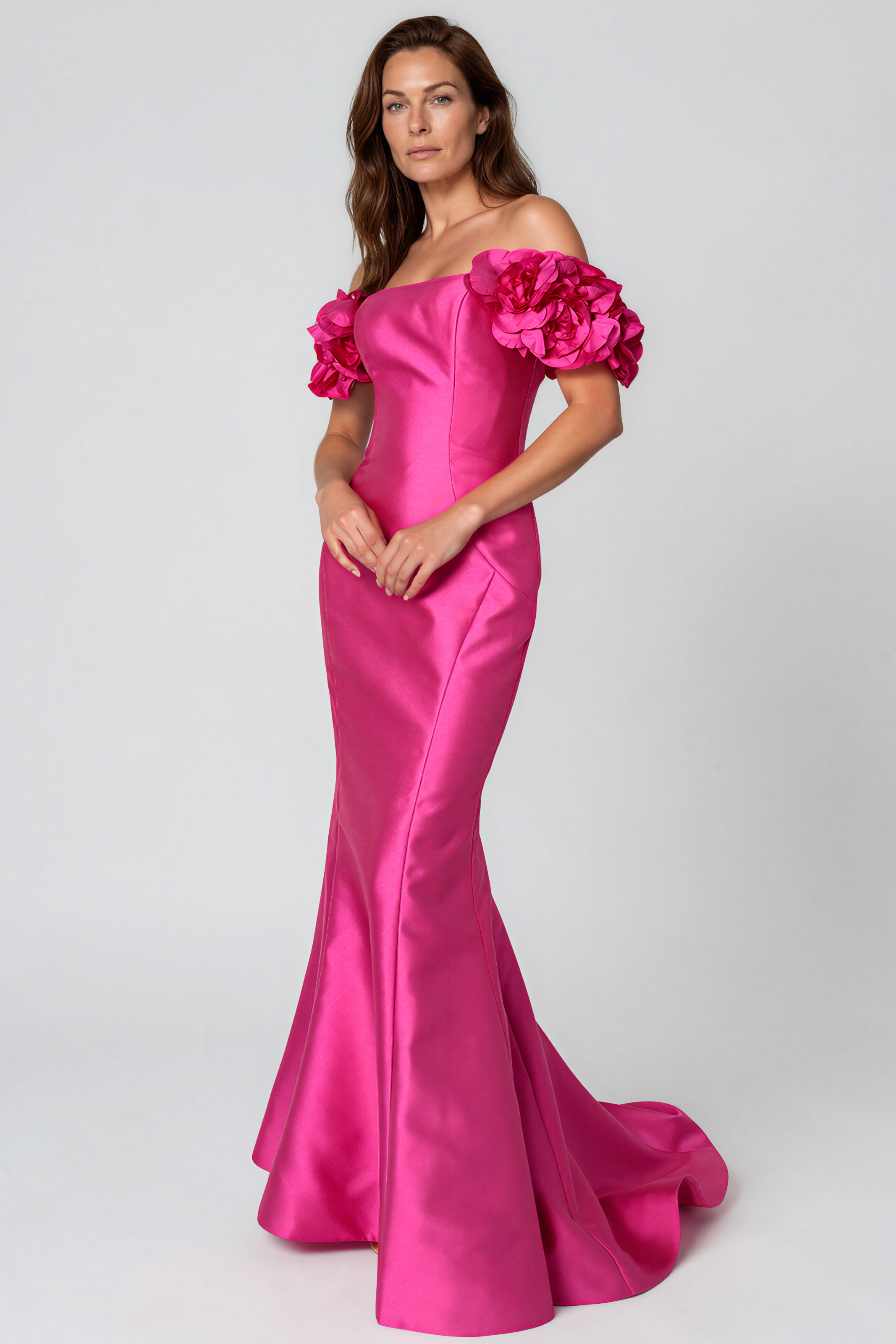 Off The Shoulder Mikado Floral Sleeves Fit And Flare Gown Off The Shoulder Mikado Floral Sleeves Fit And Flare Gown