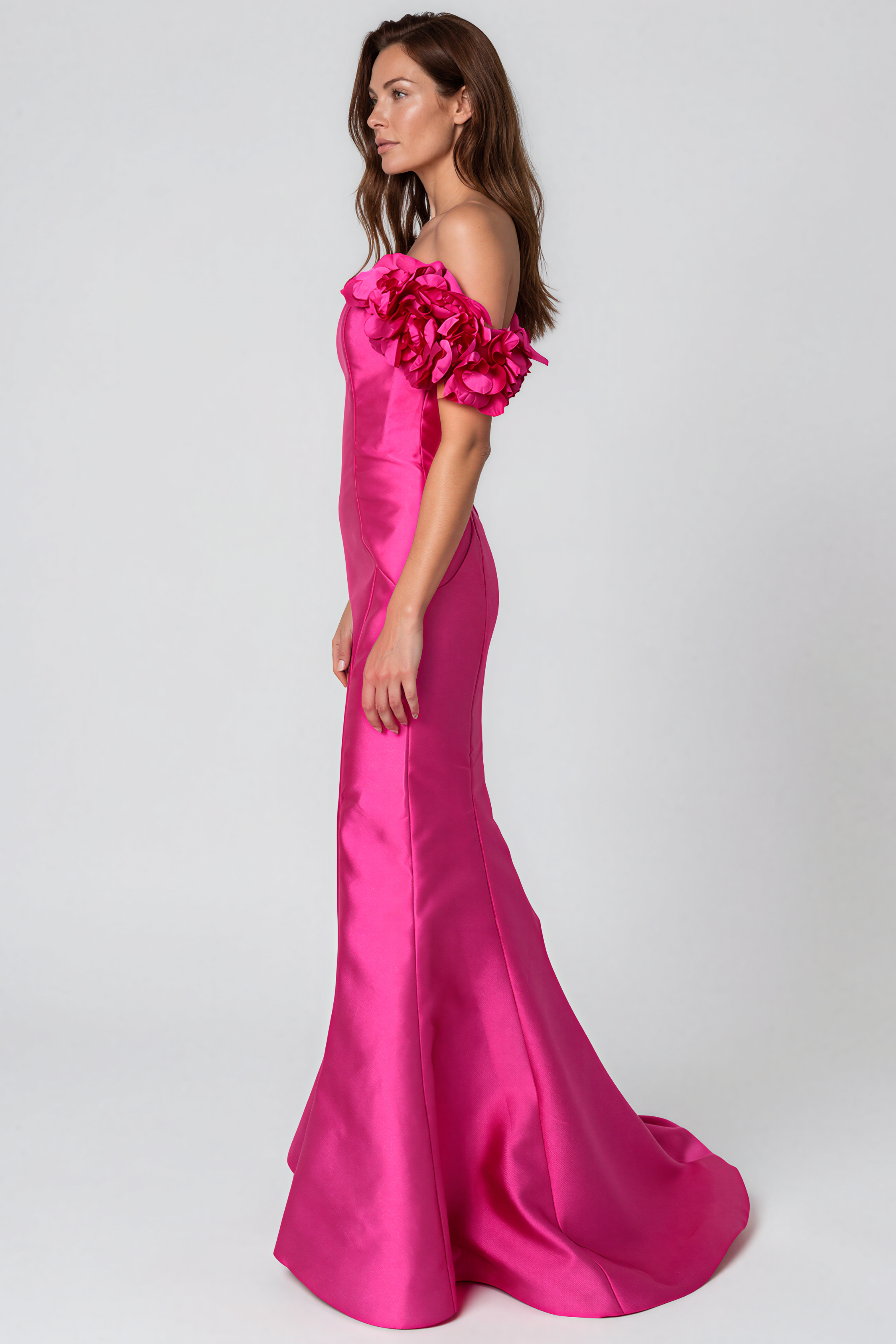 Off The Shoulder Mikado Floral Sleeves Fit And Flare Gown Gown Rene Ruiz Collection