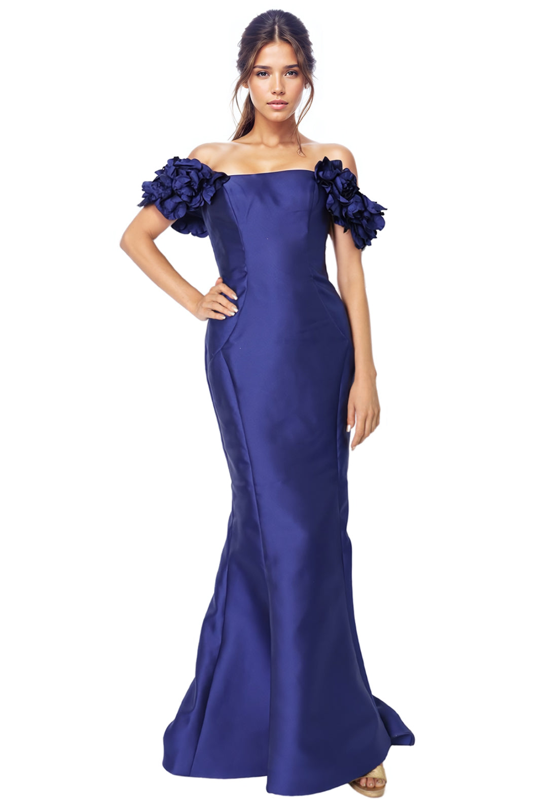 Off The Shoulder Mikado Floral Sleeves Fit And Flare Gown Blue 