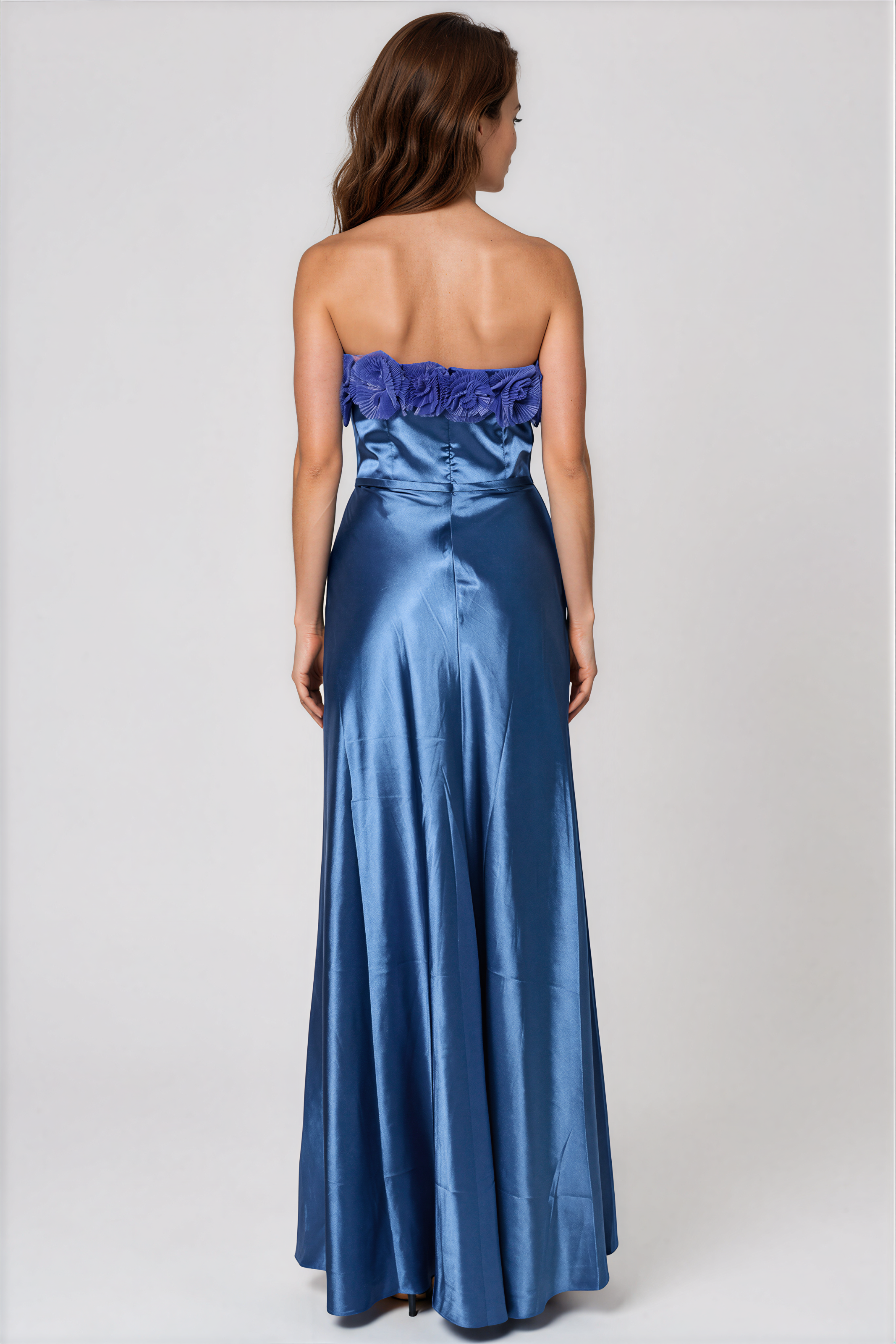 Strapless Satin Pleated Floral Tulle A-Line Gown Rene Ruiz Collection