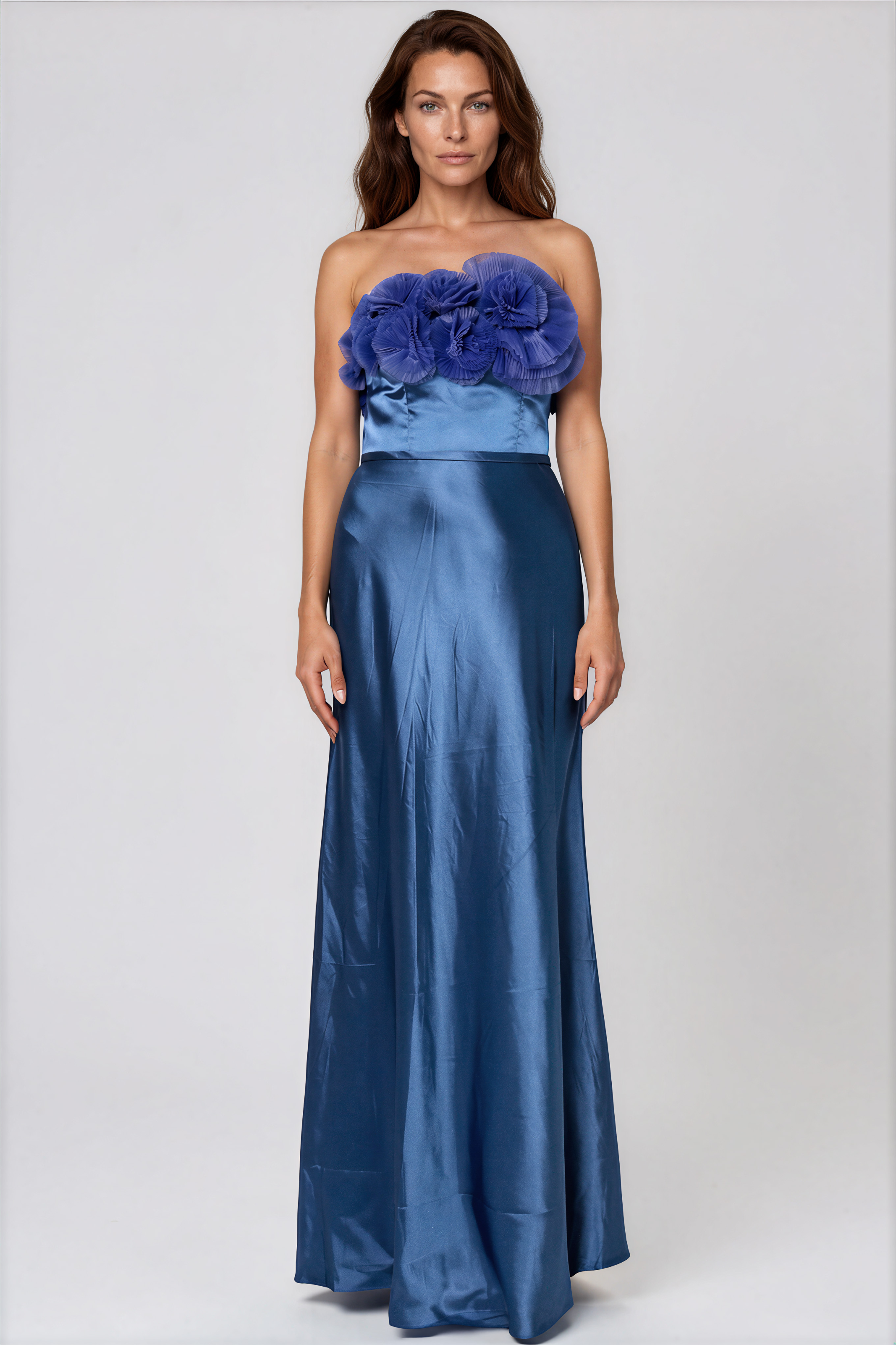 Strapless Satin Pleated Floral Tulle A-Line Gown Rene Ruiz Collection 2 Blue