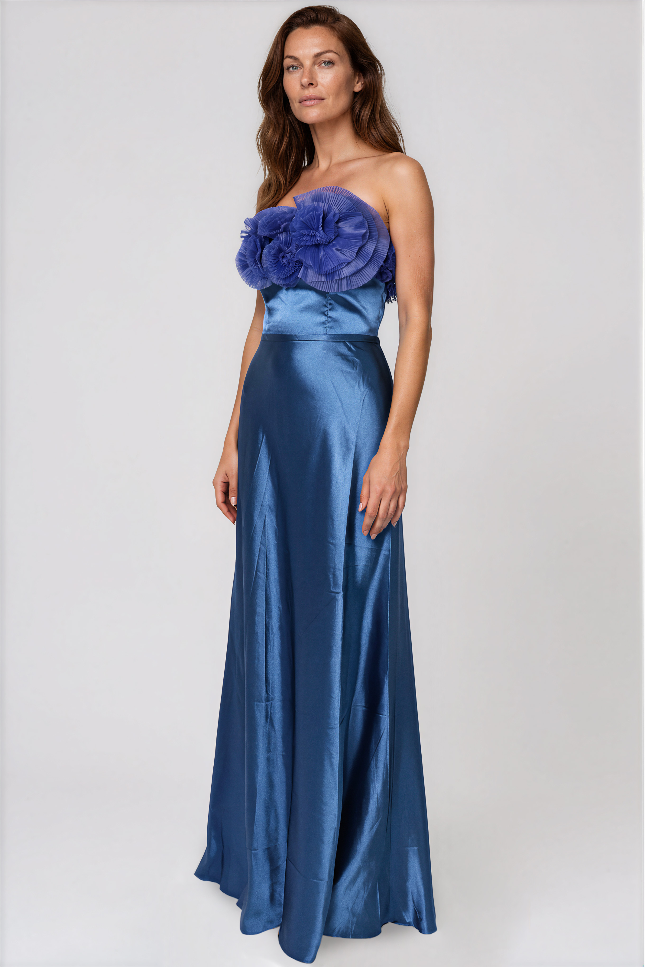 Strapless Satin Pleated Floral Tulle A-Line Gown Rene Ruiz Collection
