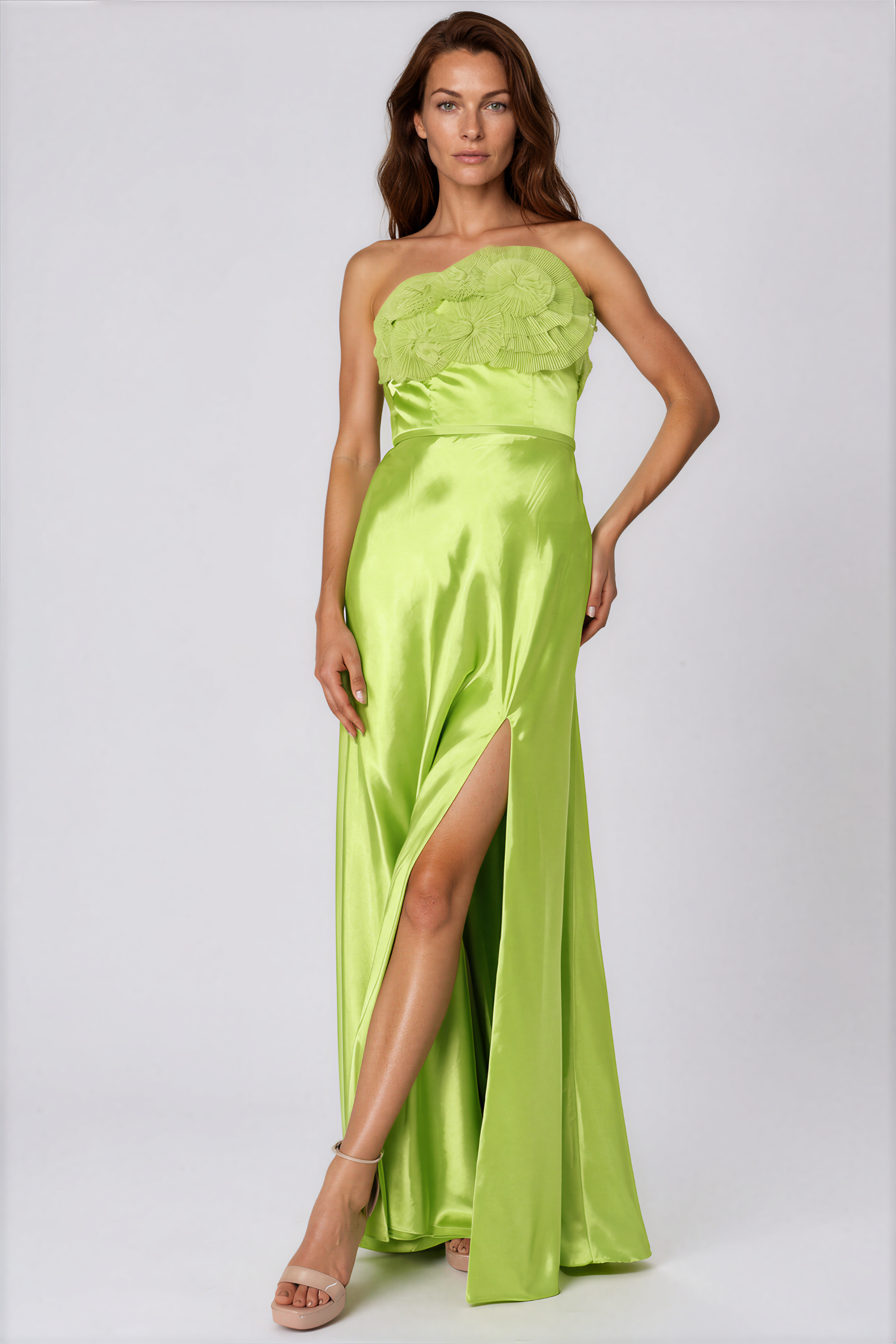 Strapless Satin Pleated Floral Tulle A-Line Gown Rene Ruiz Collection 2 Green Multi