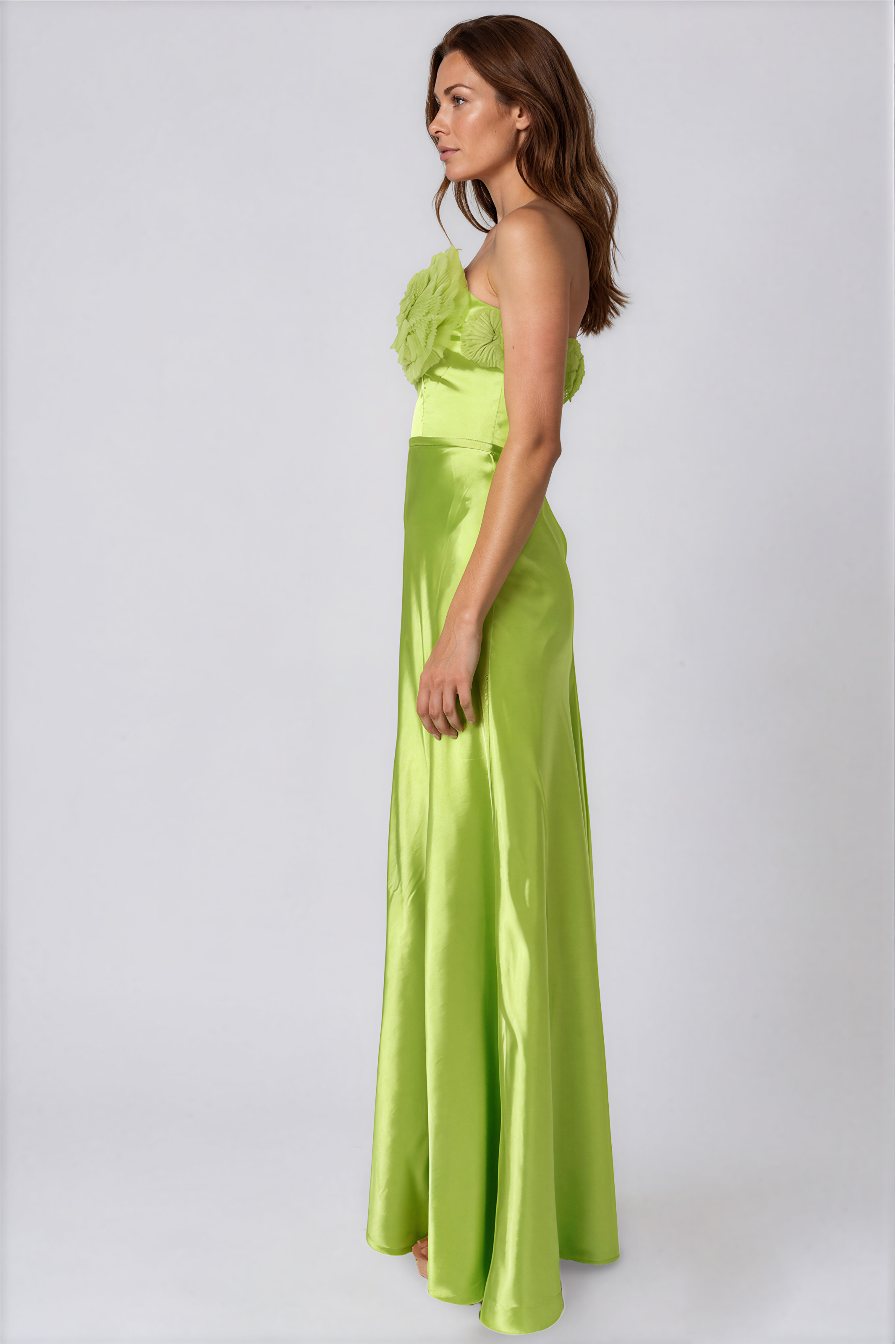 Strapless Satin Pleated Floral Tulle A-Line Gown Rene Ruiz Collection