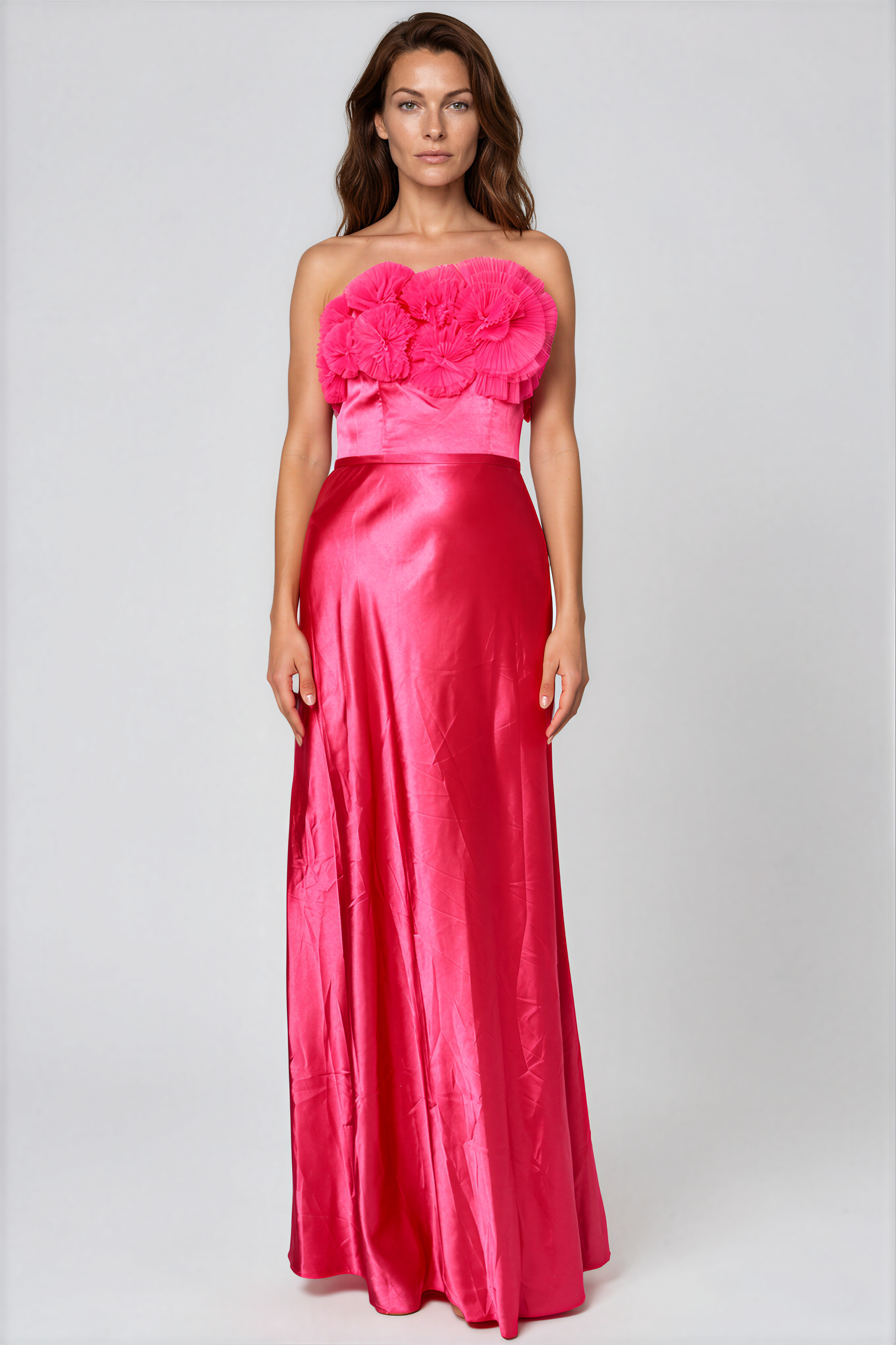 Strapless Satin Pleated Floral Tulle A-Line Gown Rene Ruiz Collection 2 Pink