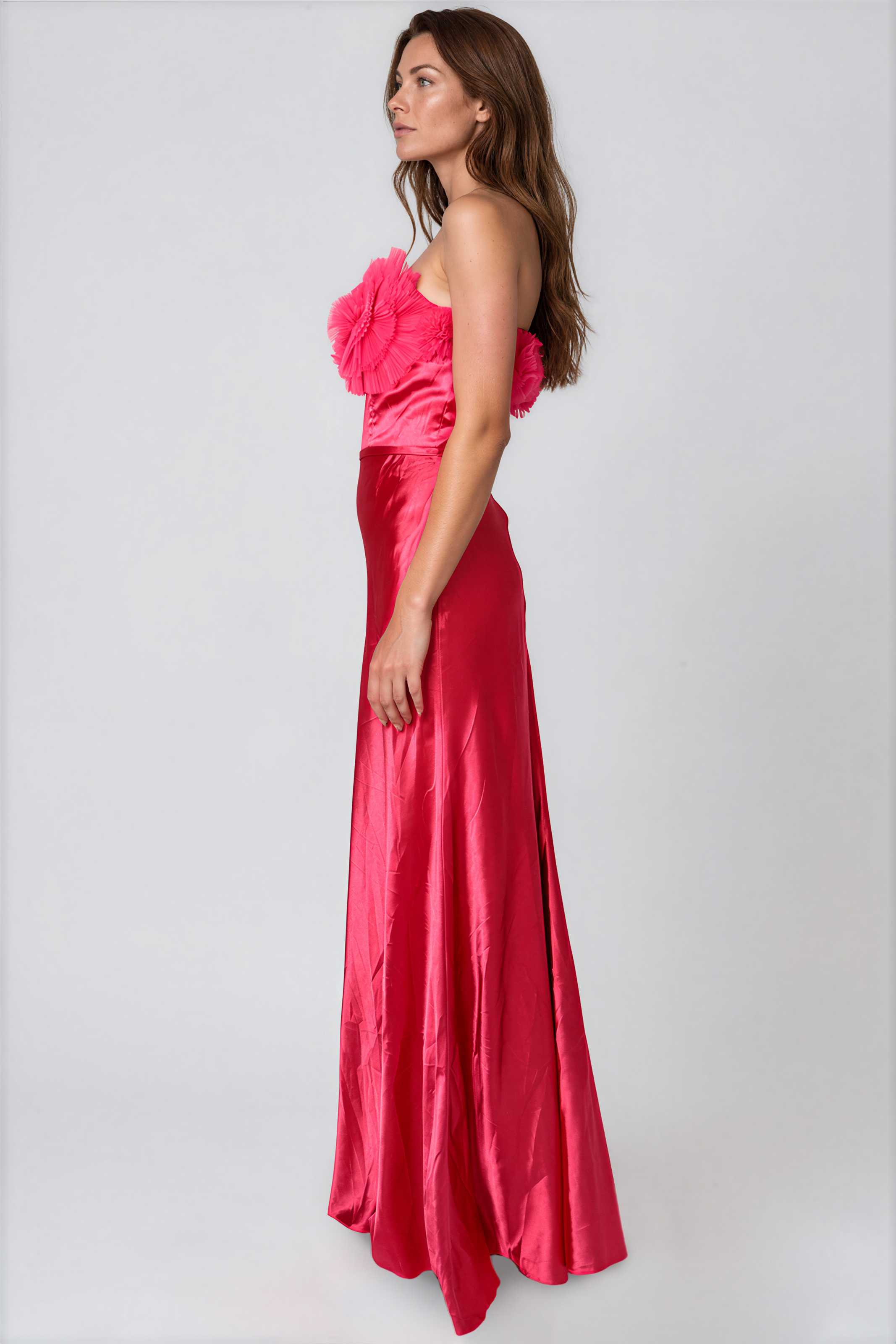 Strapless Satin Pleated Floral Tulle A-Line Gown Rene Ruiz Collection