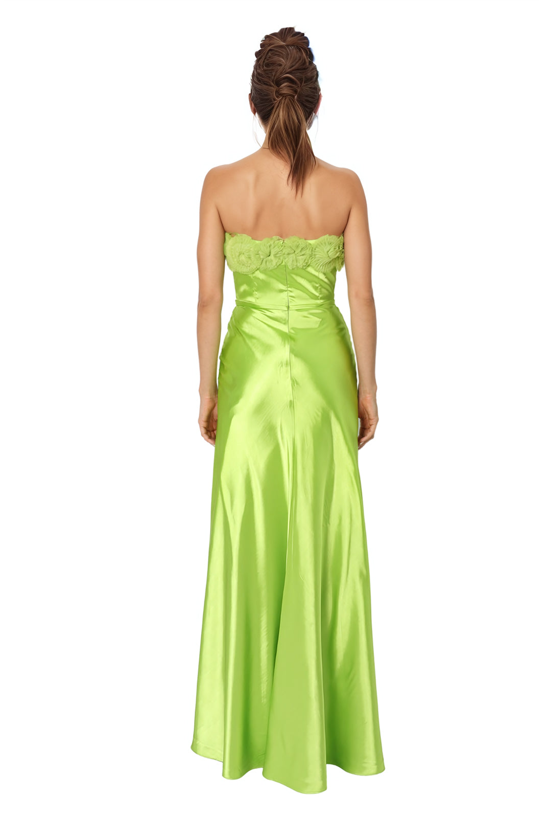 Strapless Satin Pleated Floral Tulle A-Line Gown  