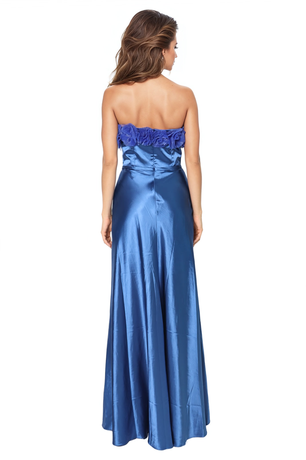 Strapless Satin Pleated Floral Tulle A-Line Gown  