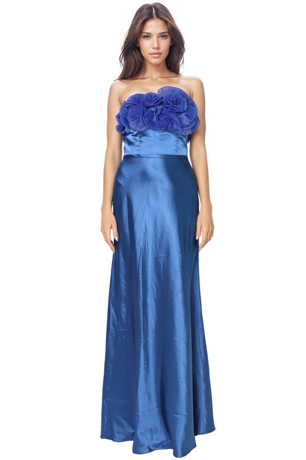 Strapless Satin Pleated Floral Tulle A-Line Gown Blue 