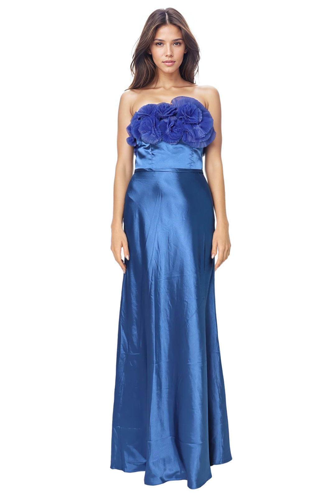 Strapless Satin Pleated Floral Tulle A-Line Gown Blue 