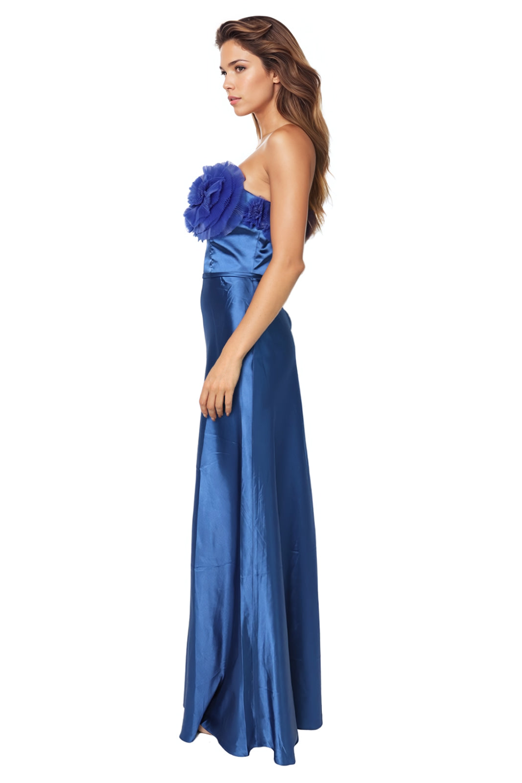 Strapless Satin Pleated Floral Tulle A-Line Gown  