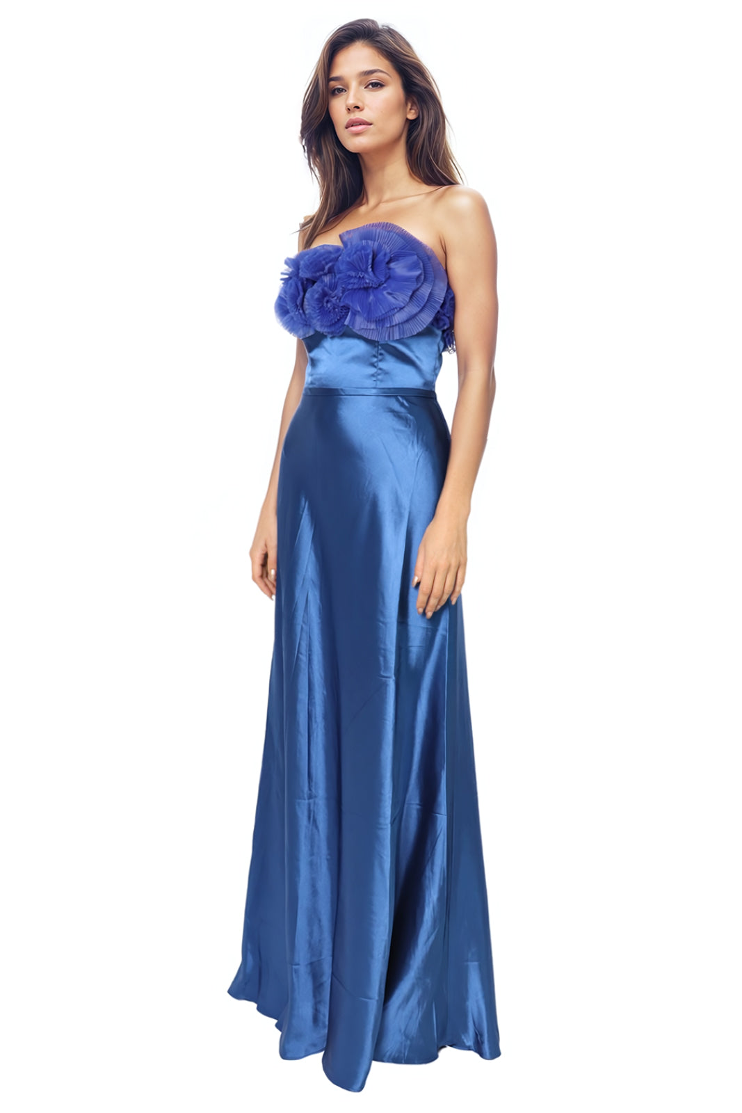 Strapless Satin Pleated Floral Tulle A-Line Gown  