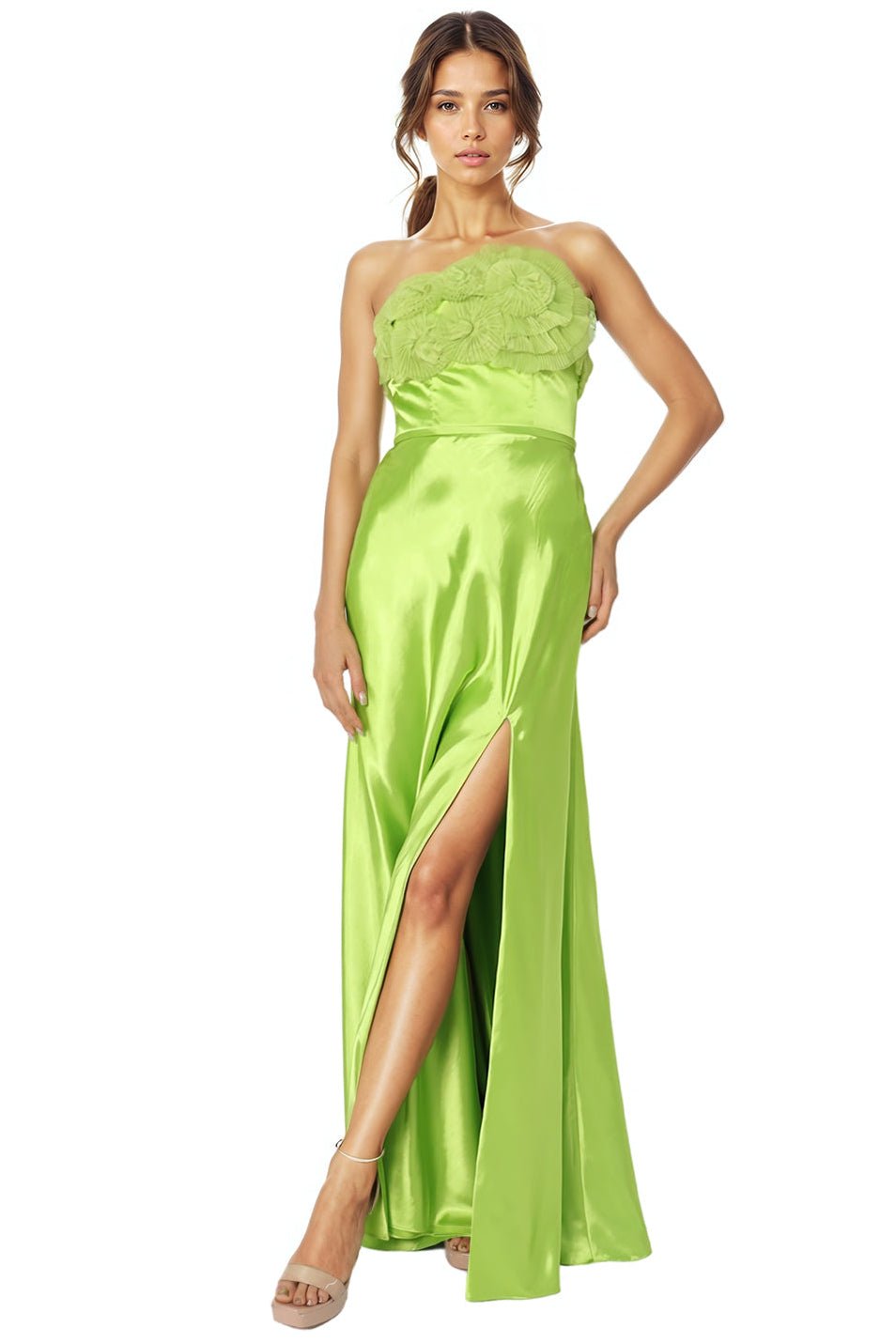 Strapless Satin Pleated Floral Tulle A-Line Gown Green Multi 