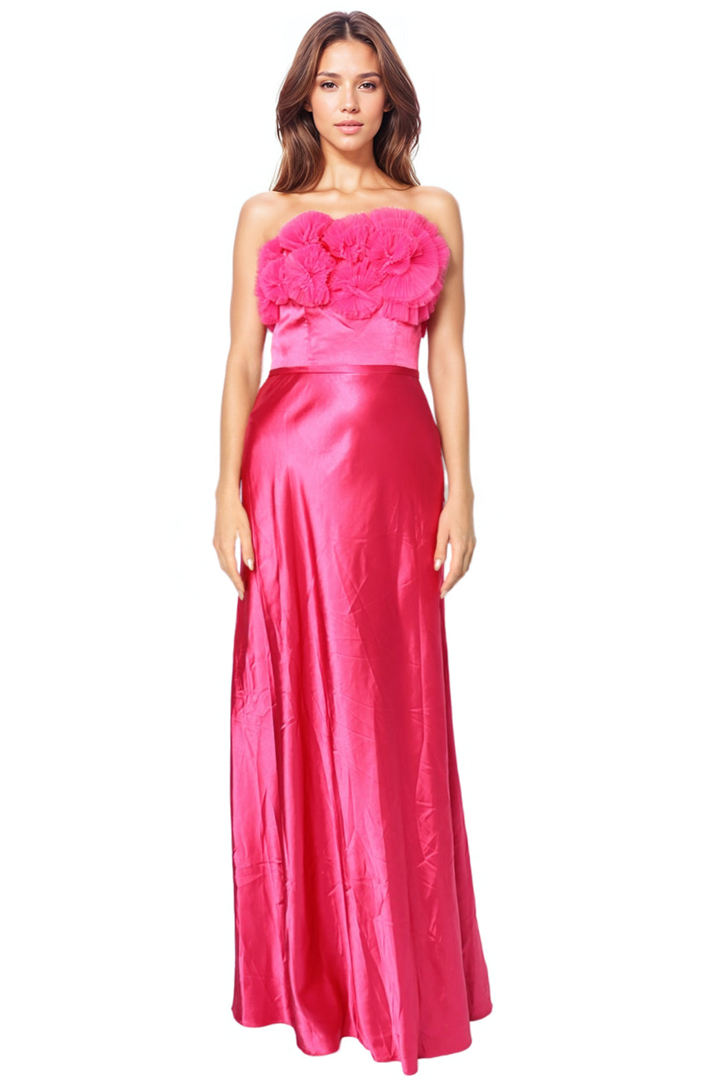 Strapless Satin Pleated Floral Tulle A-Line Gown Pink