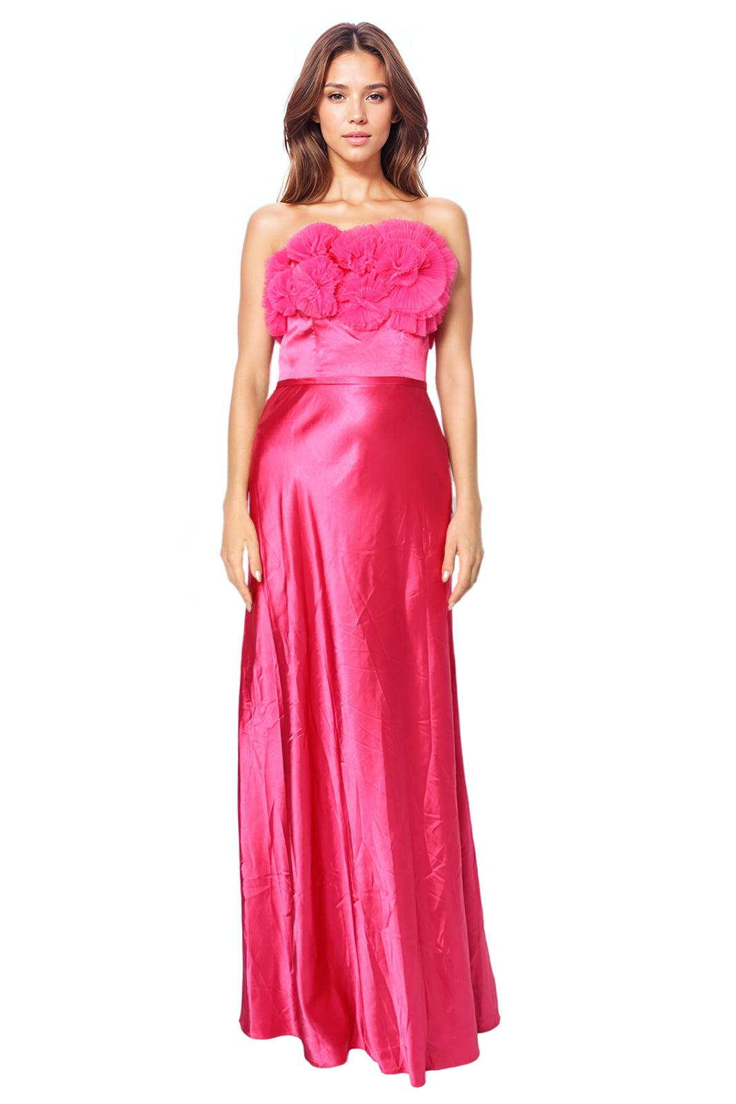 Strapless Satin Pleated Floral Tulle A-Line Gown Pink Fuchsia 