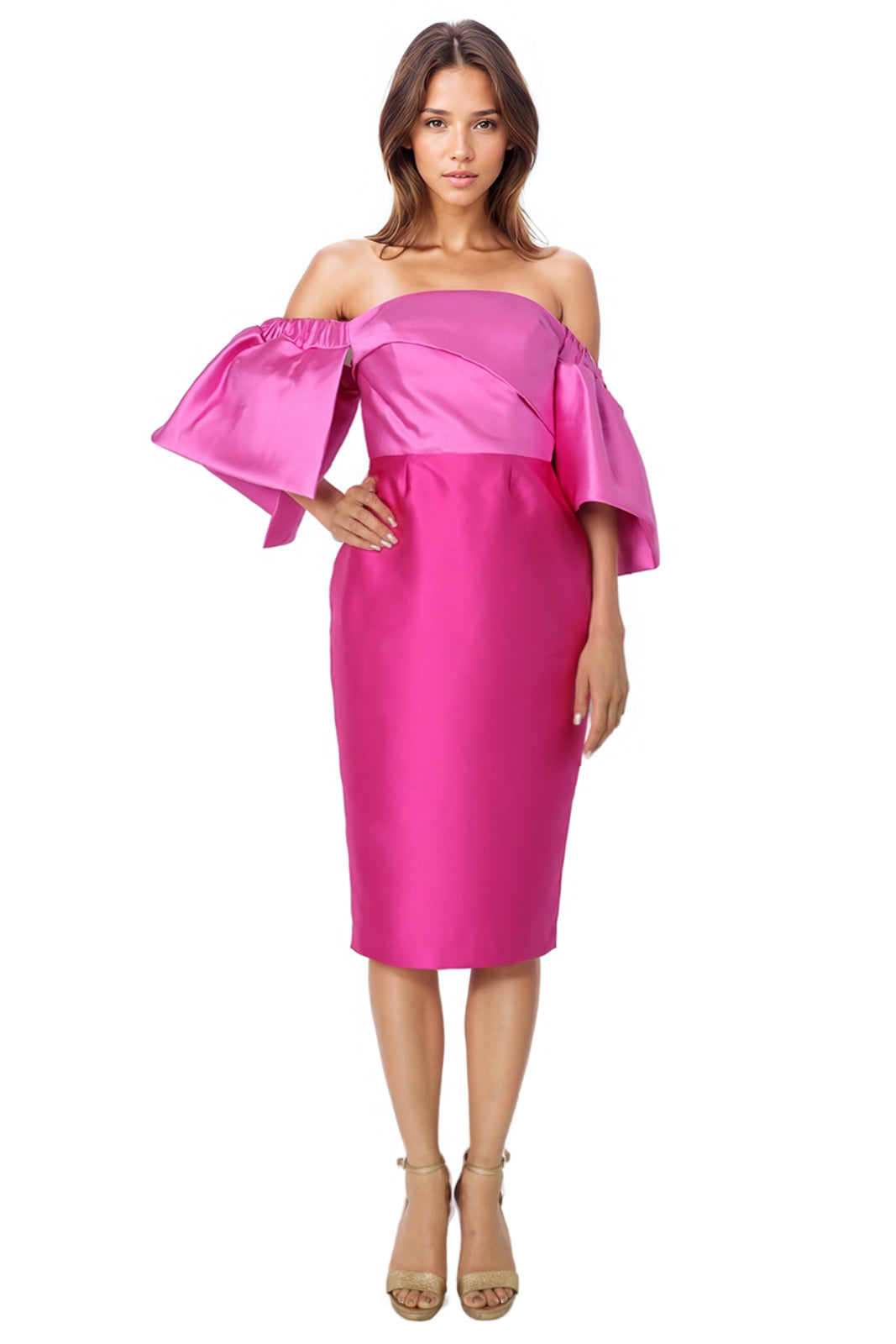 Off The Shoulder Mikado Puff Sleeve Cocktail Pink Fuchsia 