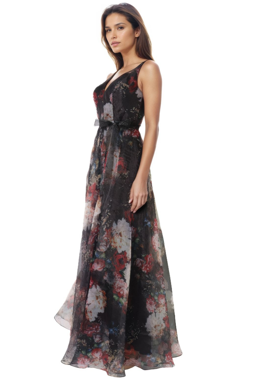 V Neck Printed Organza A-Line Gown  