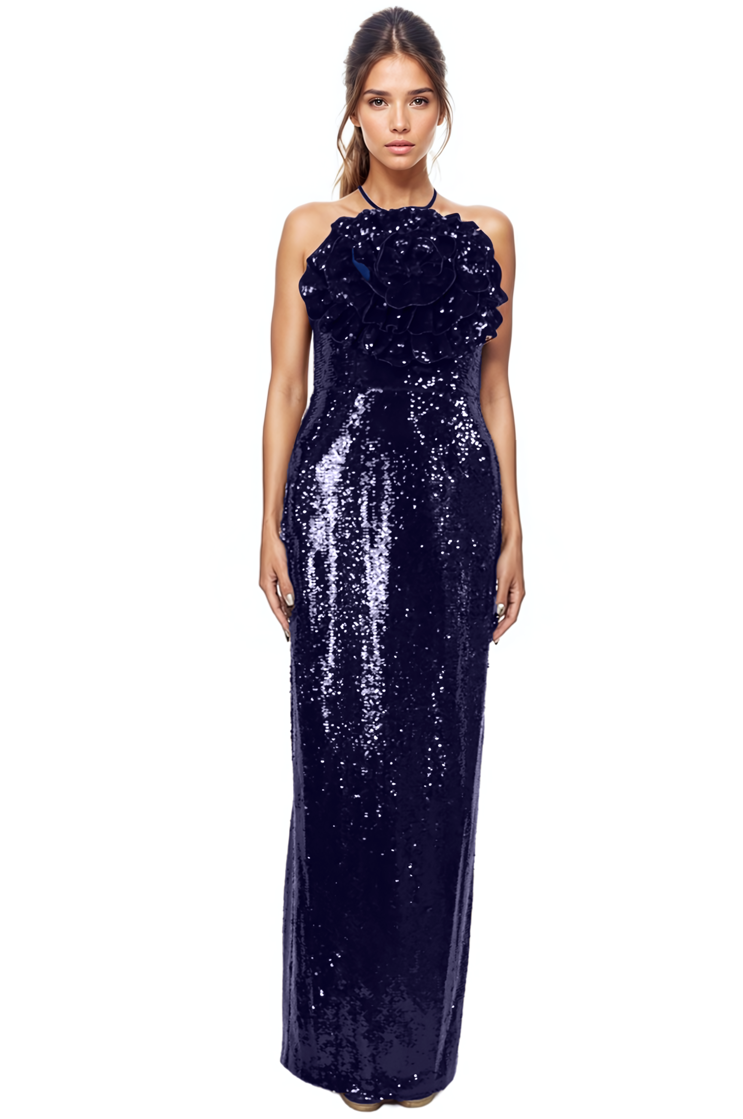 Halter Rosette Sequin Column Gown Blue 