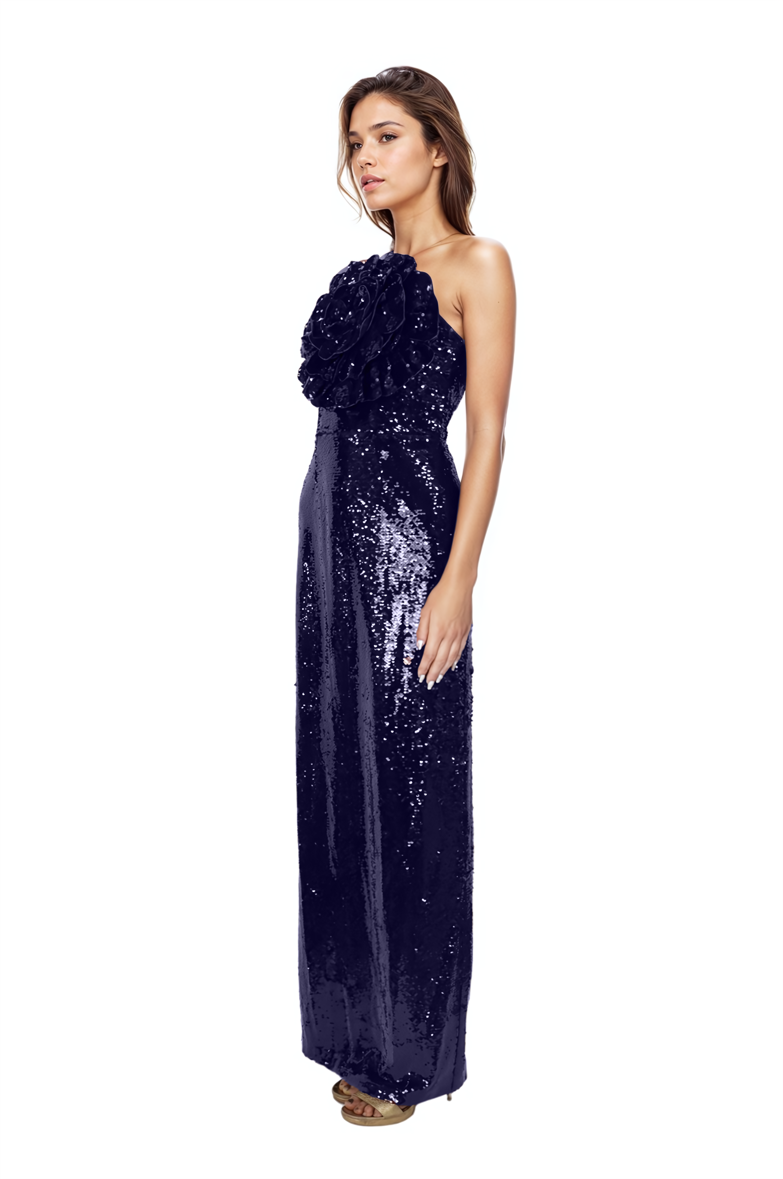 Halter Rosette Sequin Column Gown  