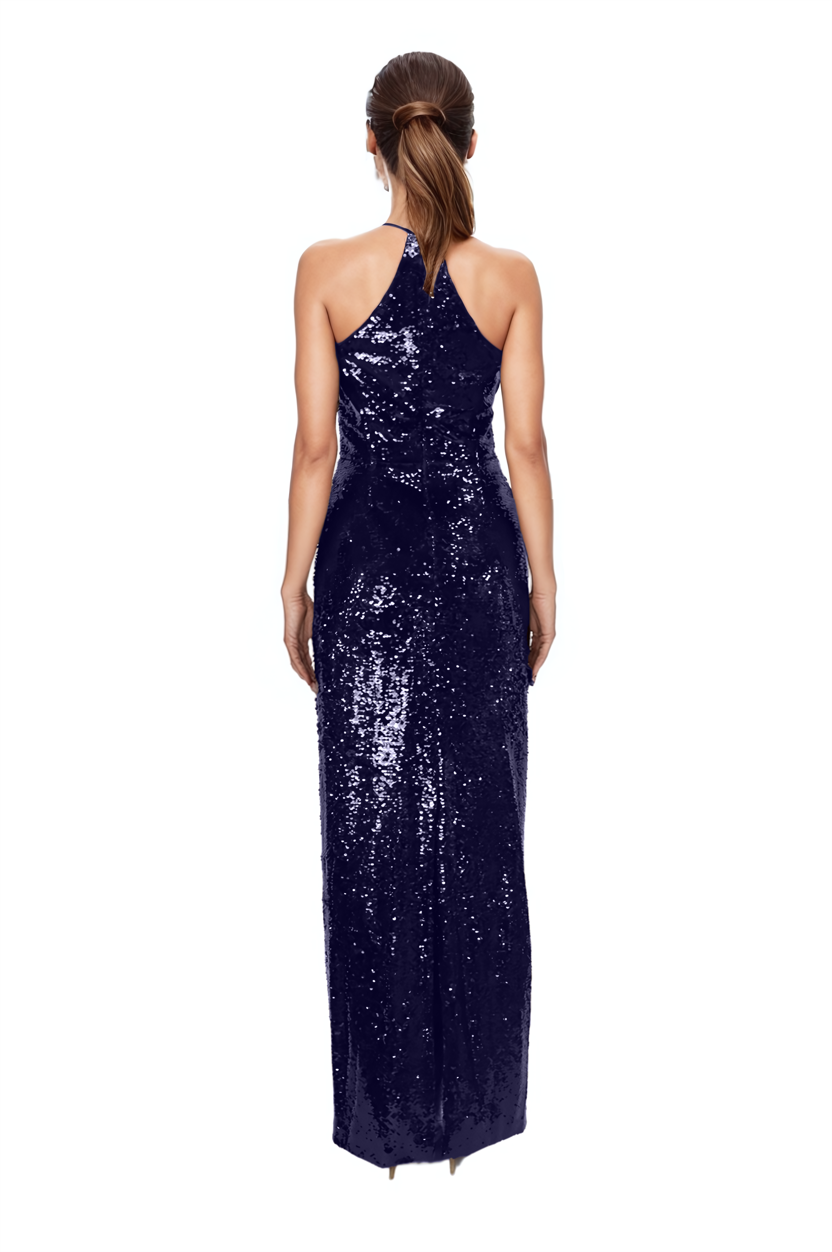 Halter Rosette Sequin Column Gown  