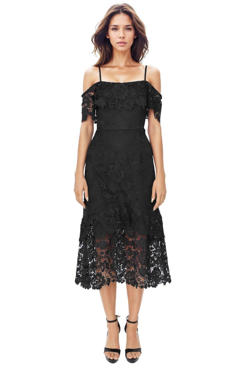 Off The Shoulder Lace Tiered Midi
