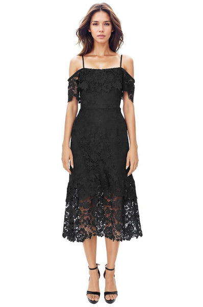 Off The Shoulder Lace Tiered Midi - Rene Ruiz Collection Off The Shoulder Lace Tiered Midi - Rene Ruiz Collection