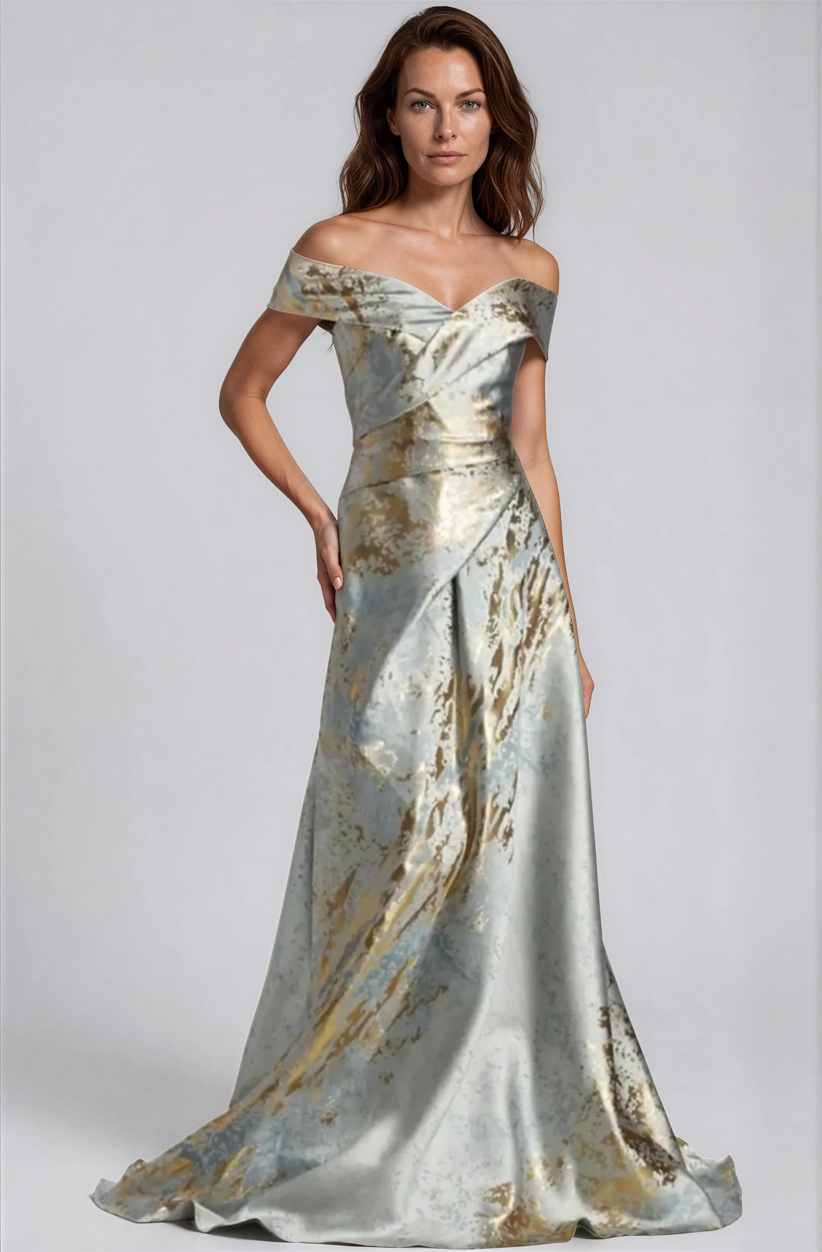 Off The Shoulder Brocade Gown Gown Rene Ruiz Collection 0 Slate