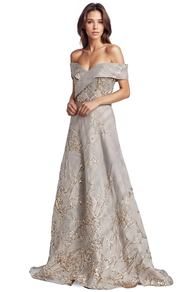 Off the Shoulder Brocade A-line Gown  