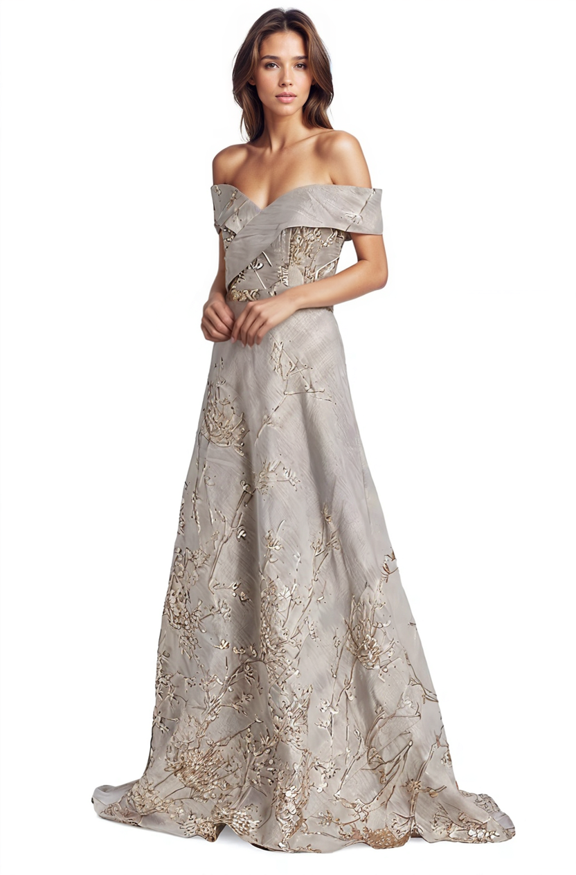 Off the Shoulder Brocade A-line Gown  