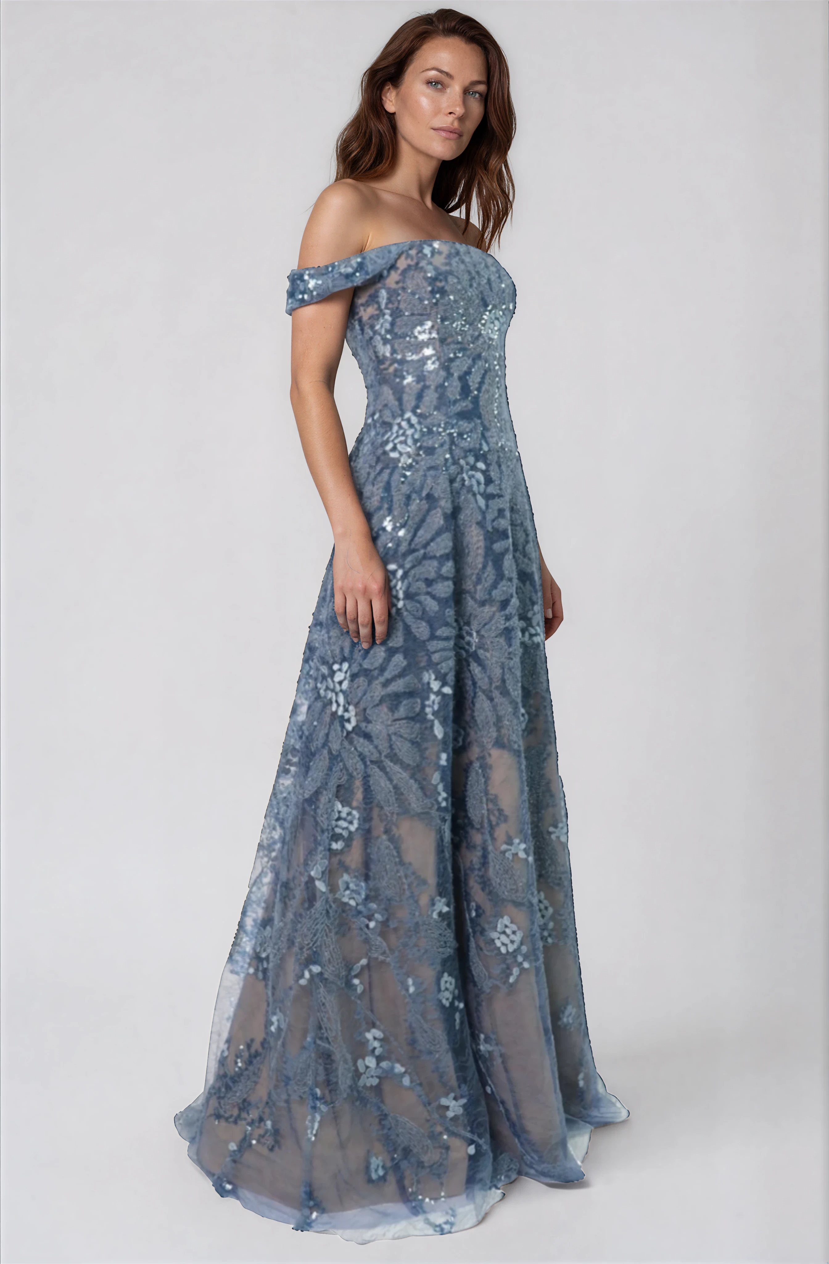 Floral Embroidered Off the Shoulder A-Line Gown Gown Rene Ruiz Collection