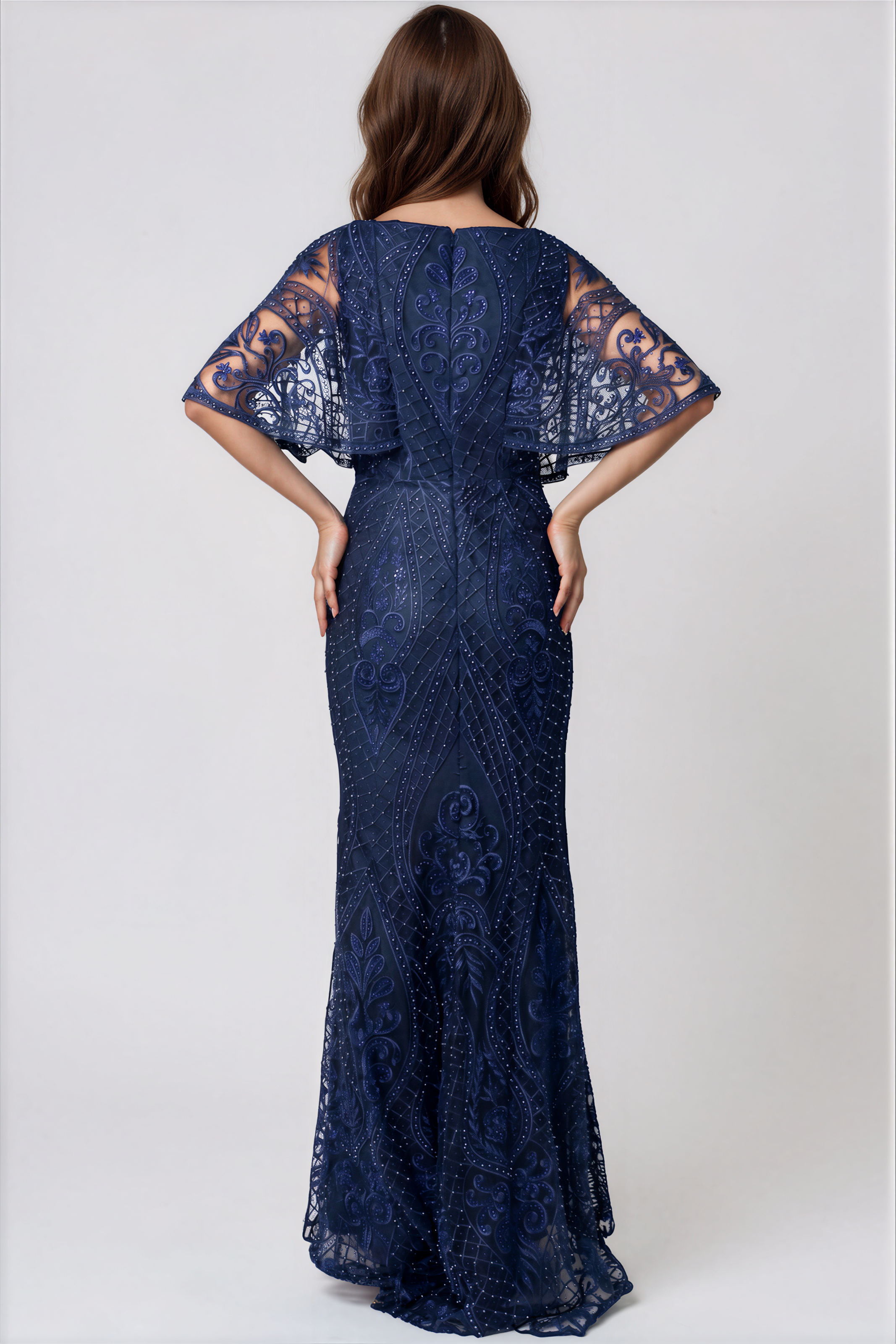 V Neck Embroidery Cape Gown Gown Rene Ruiz Collection