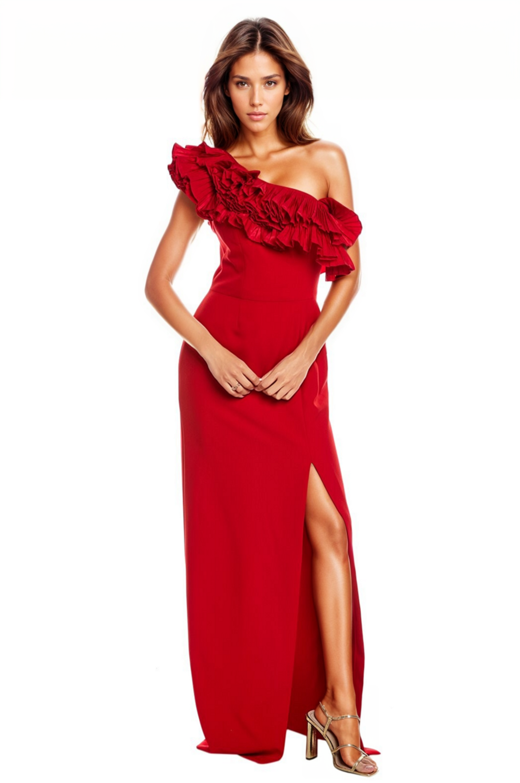 One Shoulder Ruffles Satin Column Gown Red 