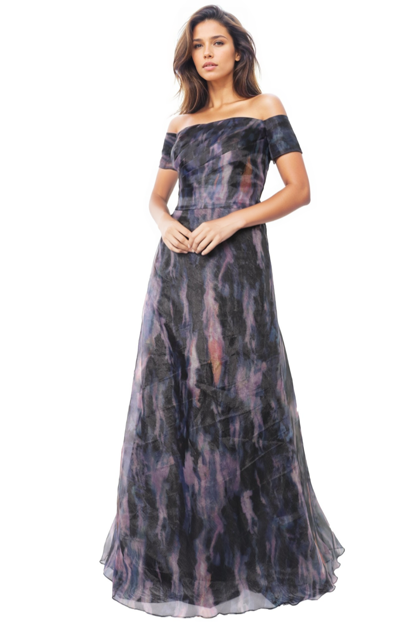 Off The Shoulder Printed Organza A-Line Gown  