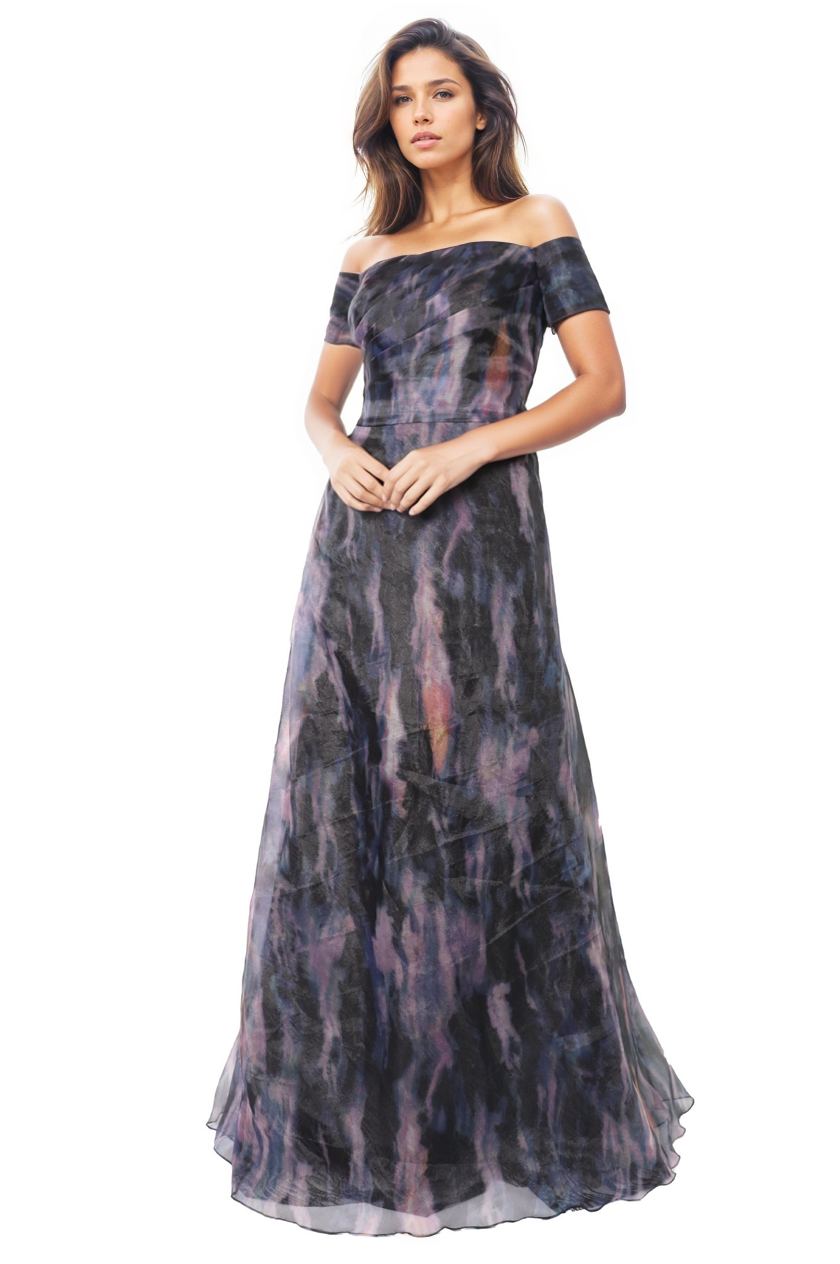 Off The Shoulder Printed Organza A-Line Gown  