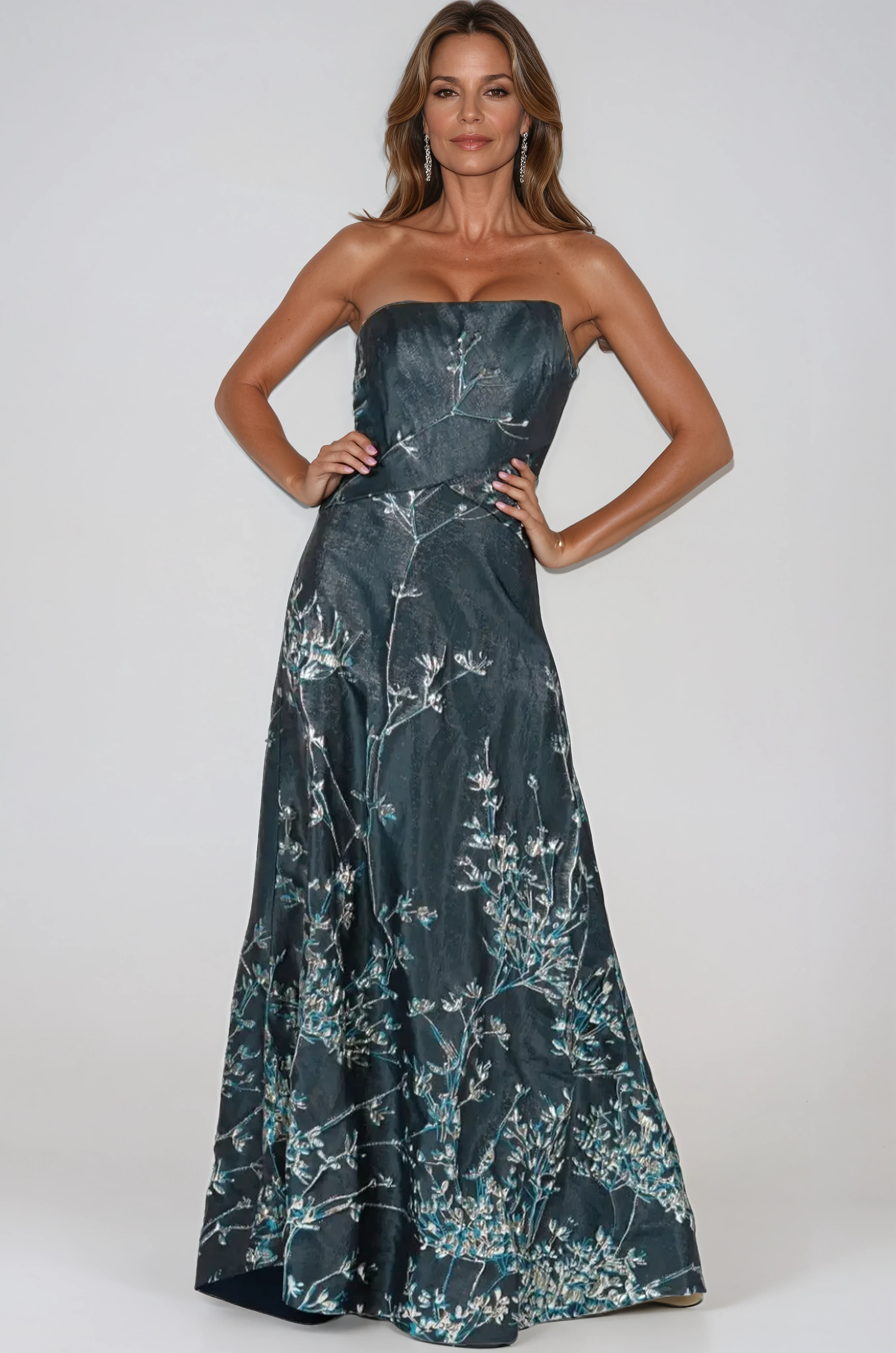 Asymmetric Strapless Brocade A-Line Gown Gown Rene Ruiz Collection
