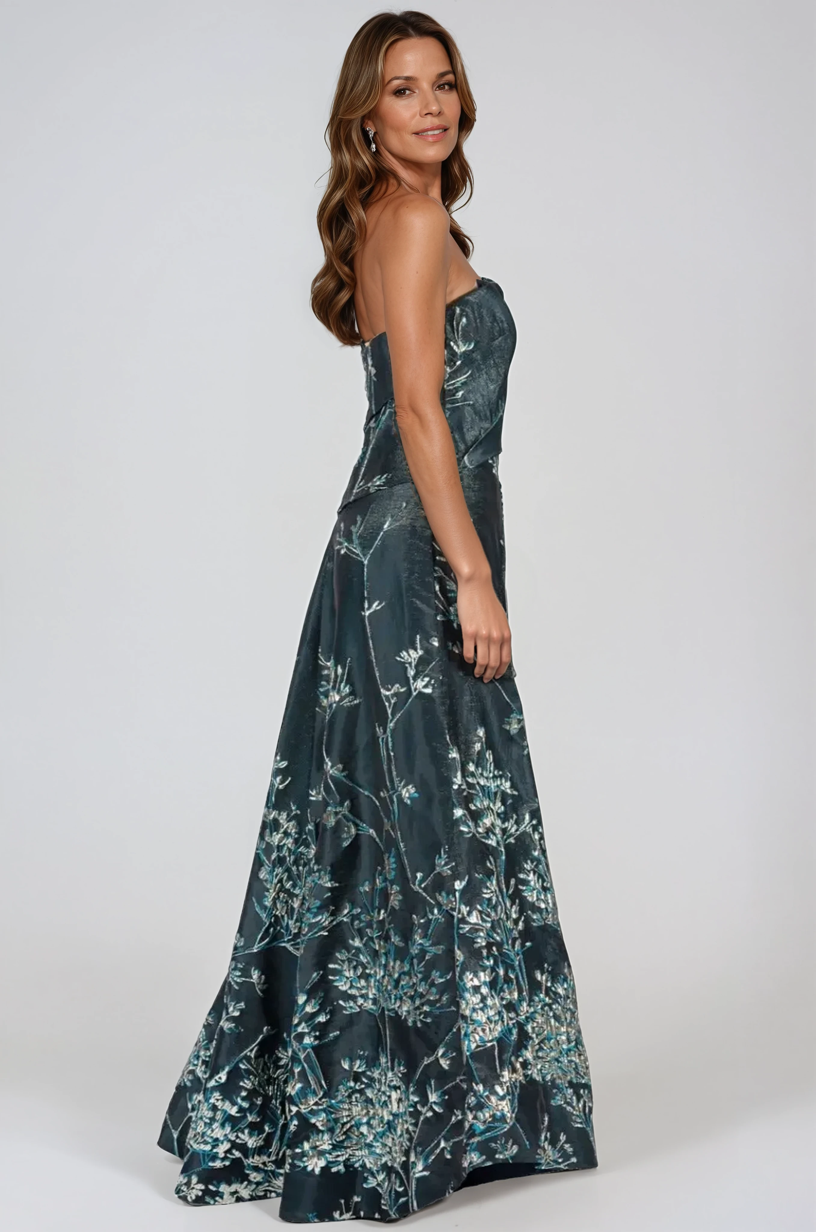 Asymmetric Strapless Brocade A-Line Gown Gown Rene Ruiz Collection