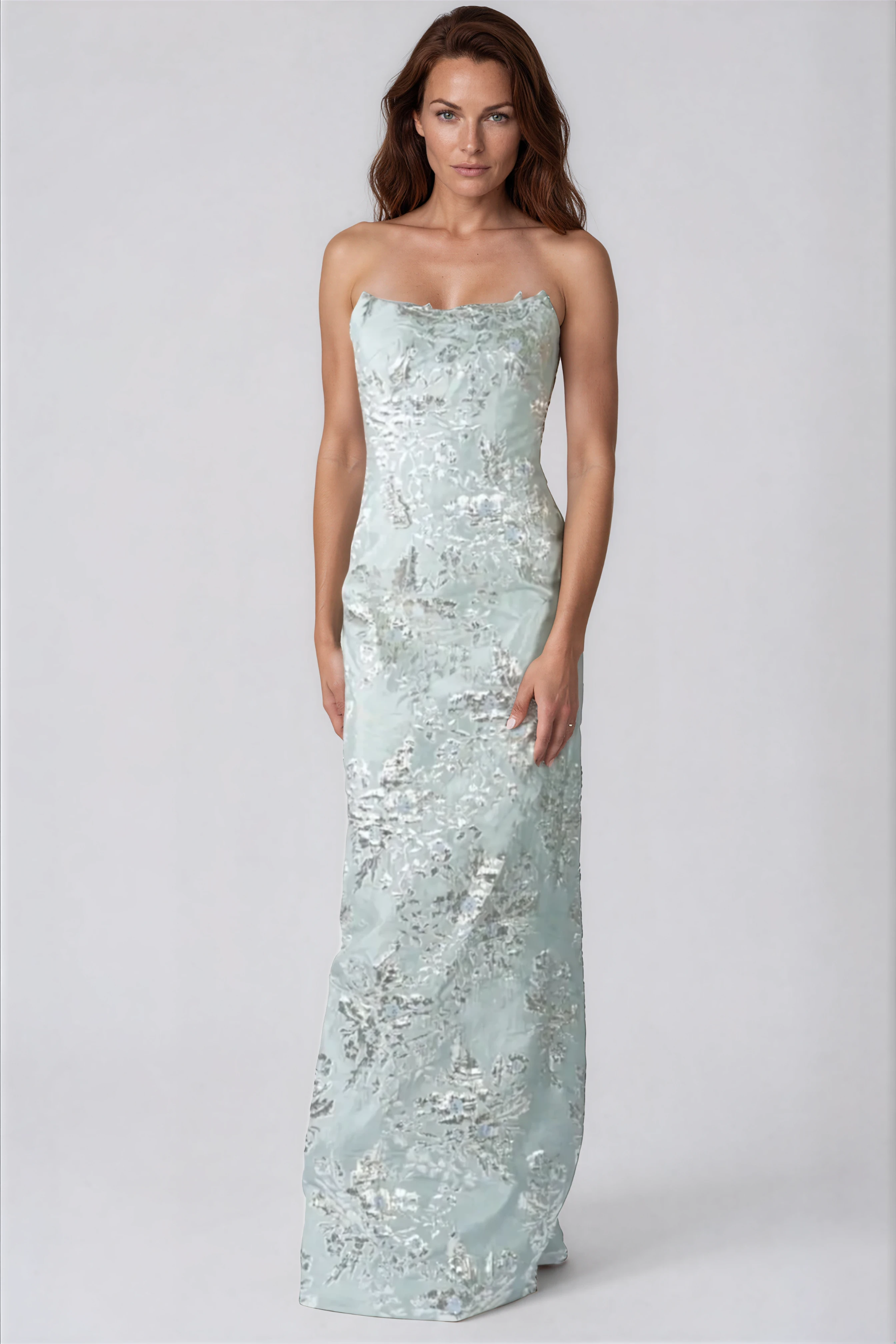 Strapless Brocade Column Gown Gown Rene Ruiz Collection
