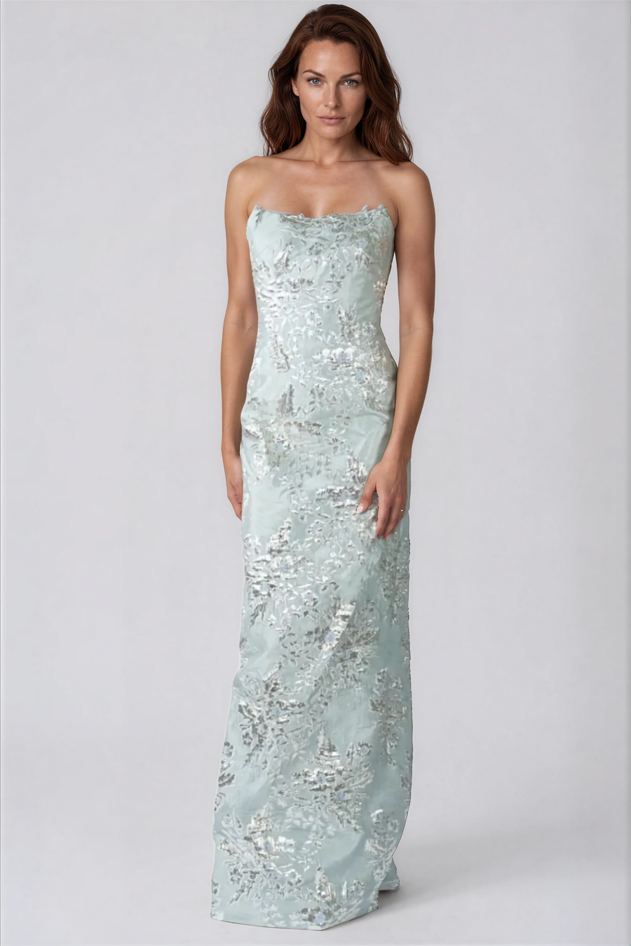 Strapless Brocade Column Gown Gown Rene Ruiz Collection
