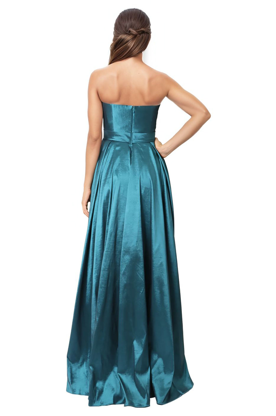 Strapless A-Line Taffeta Gown With Pockets and Slit