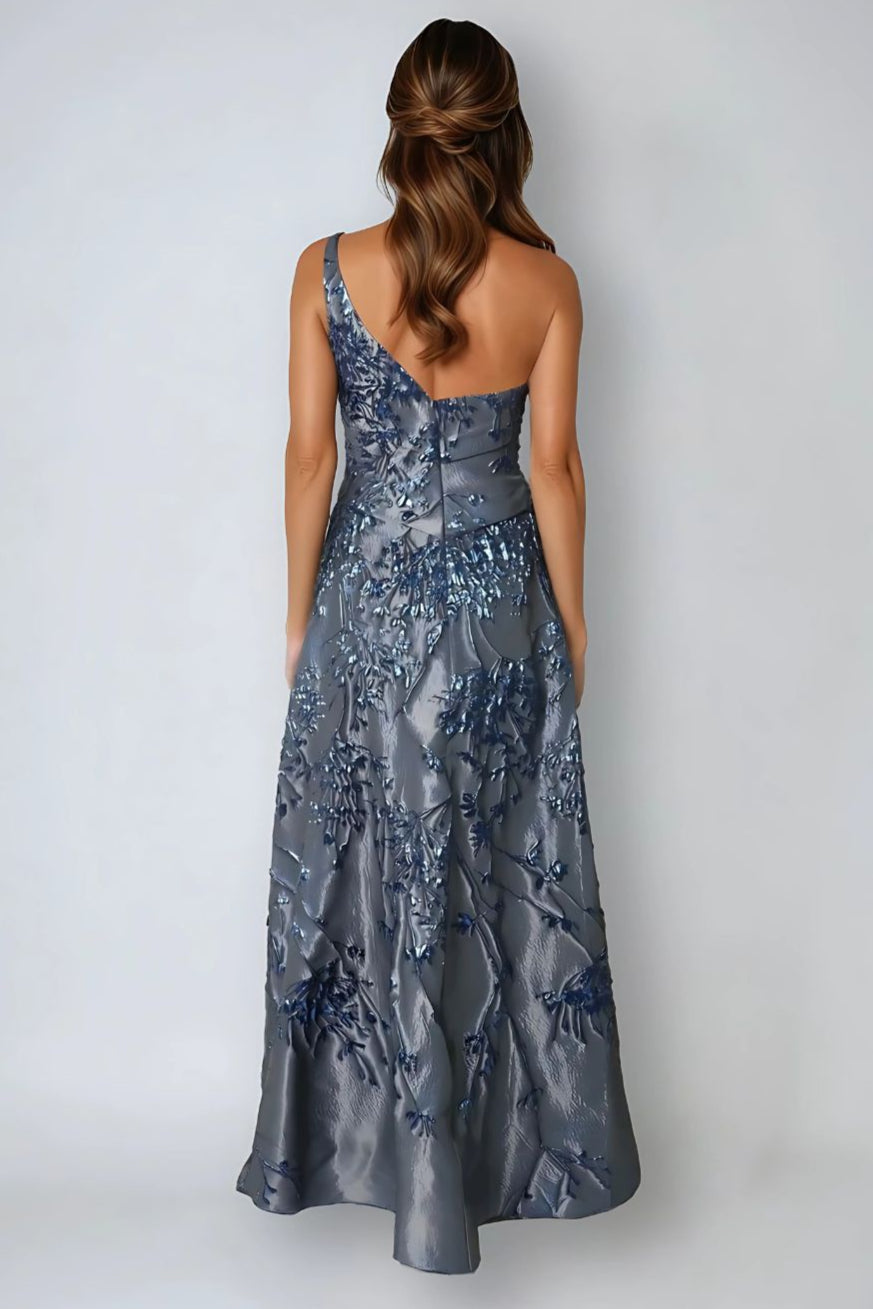 One Shoulder Brocade Metallic Floral A-Line Gown Gown Rene Ruiz Collection