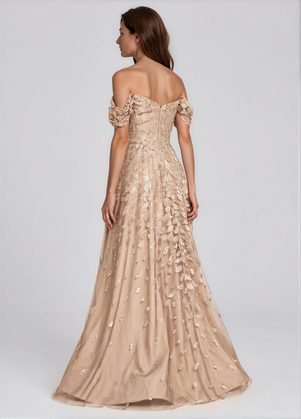 Off The Shoulder Sequin Embroidered A-Line Gown Gown Rene Ruiz Collection