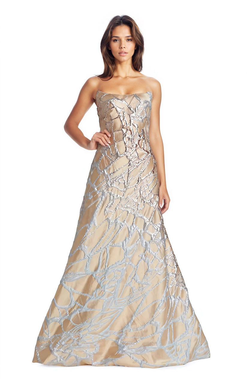 Strapless Abstract Metallic Jacquard Gown  