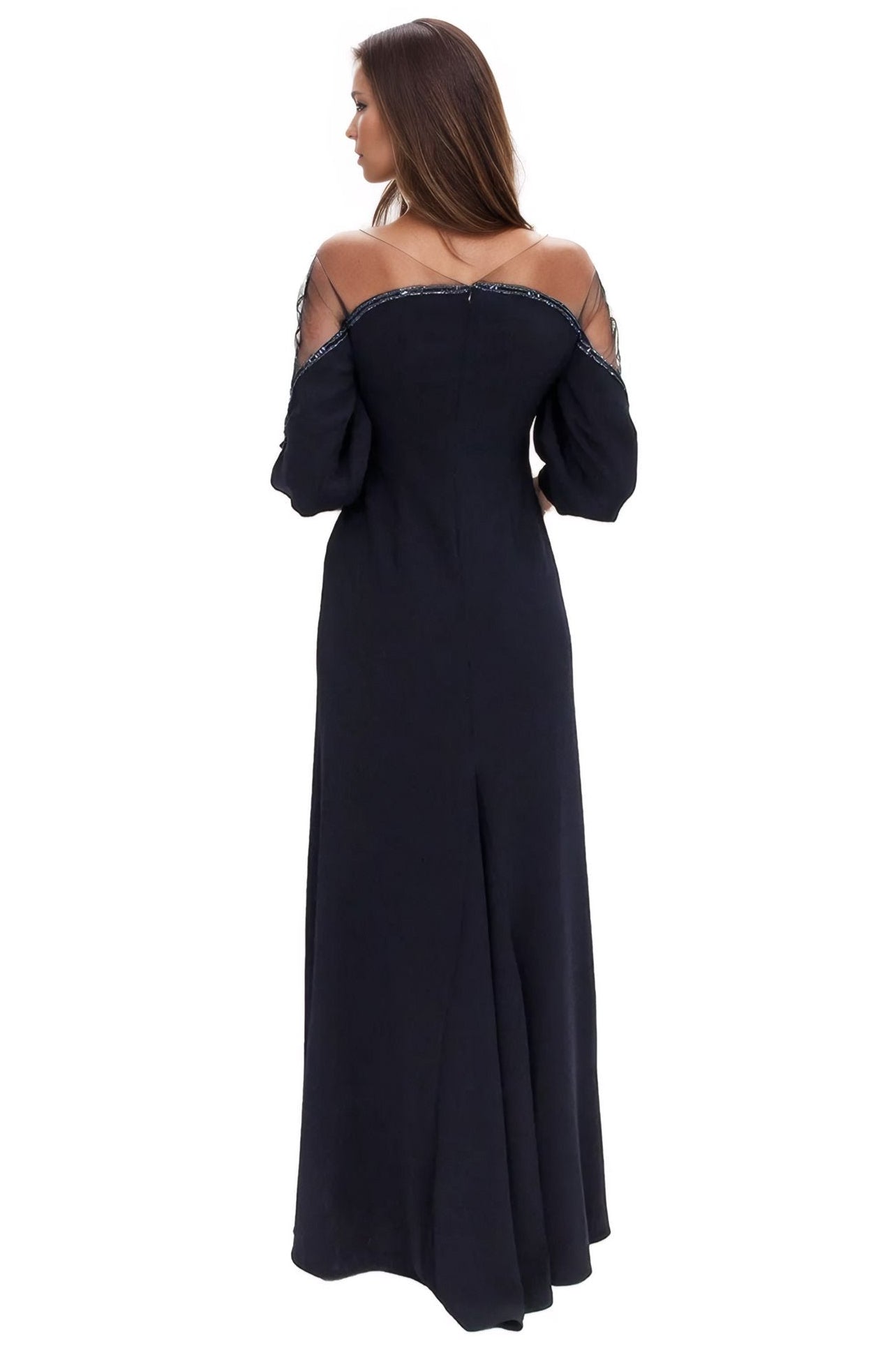 Crepe Column Illusion Gown with Puff Sleeve Gown Rene Ruiz Collection