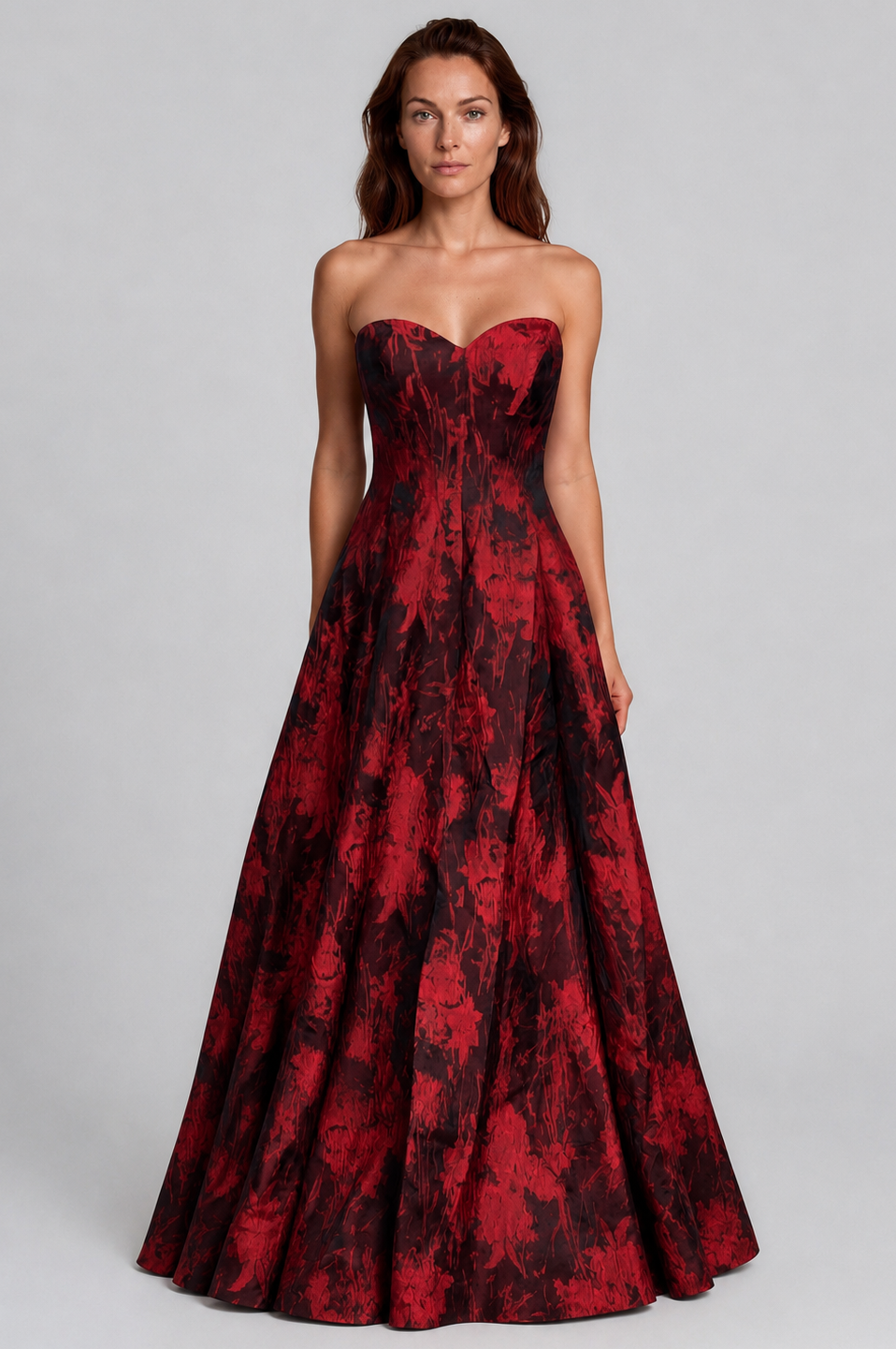 Strapless Sweetheart Sheer Floral Gown with Front Slit