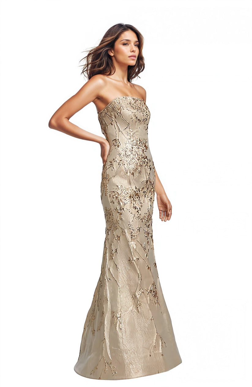 Strapless Fit and Flare Brocade Gown  